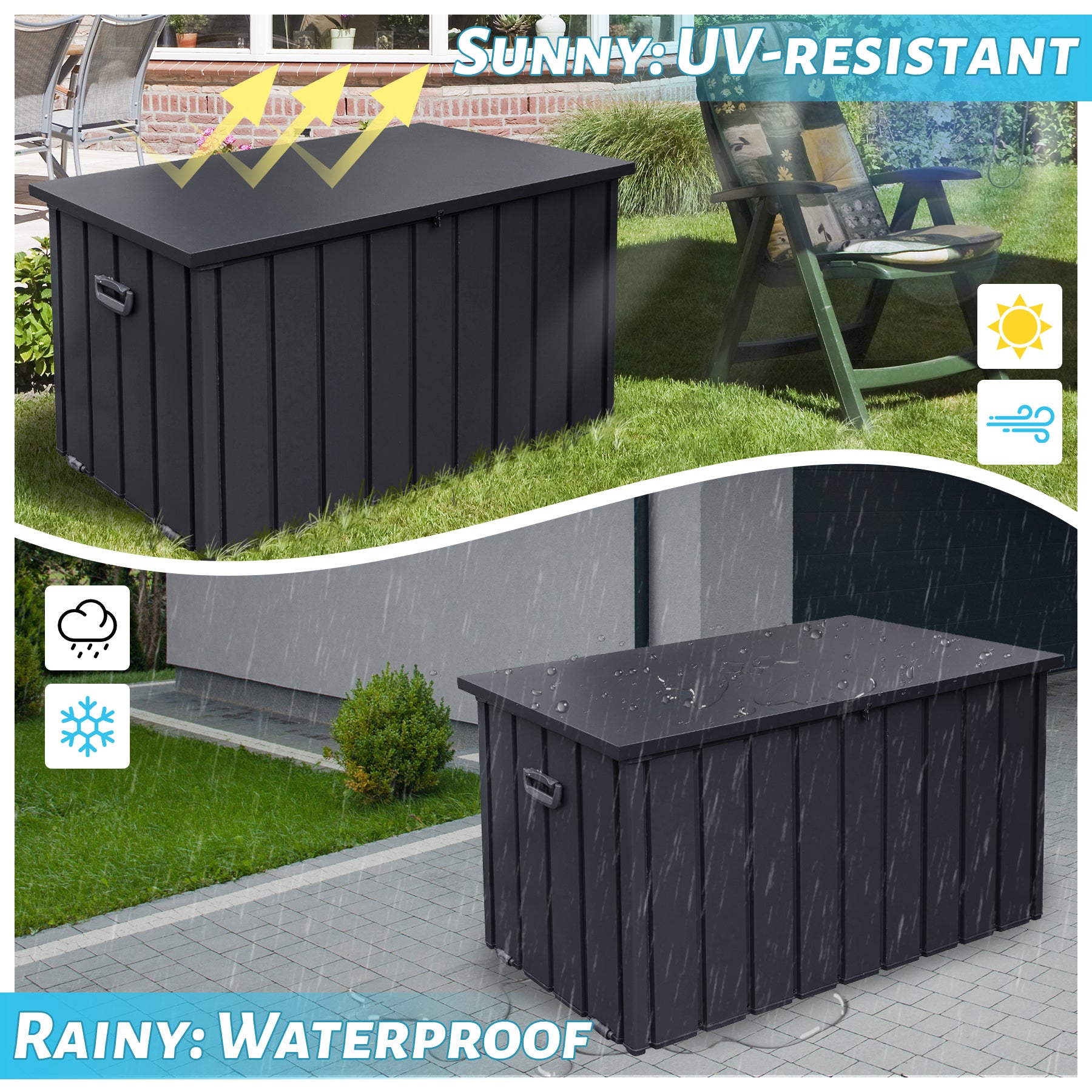 100 Gallon Metal Outdoor Deck Box with Built‑in Oxford Fabric Storage Bag – Waterproof Patio Bench, Dark Gray