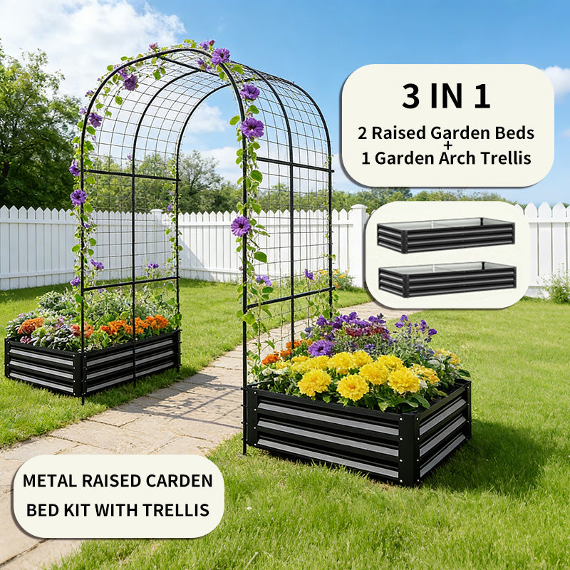Raised Garden Bed with Arch Trellis, 2 Pack Metal Planter Boxes with Garden Arch, Outdoor Garden Planter for Climbing Plants Vegetables Flowers
