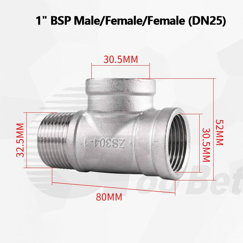 304 Stainless Steel BSP Tee Pipe Fitting — Male & Female Thread, 1/2" to 2"