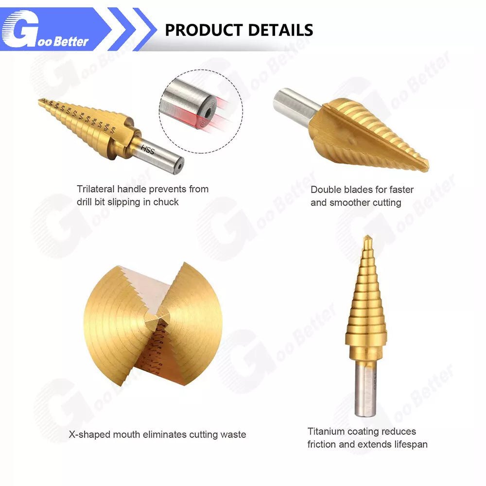 HSS 6PCS Titanium Step Drill Bit Set With Automatic Center Punch for Metal/Wood - HomeDIYer