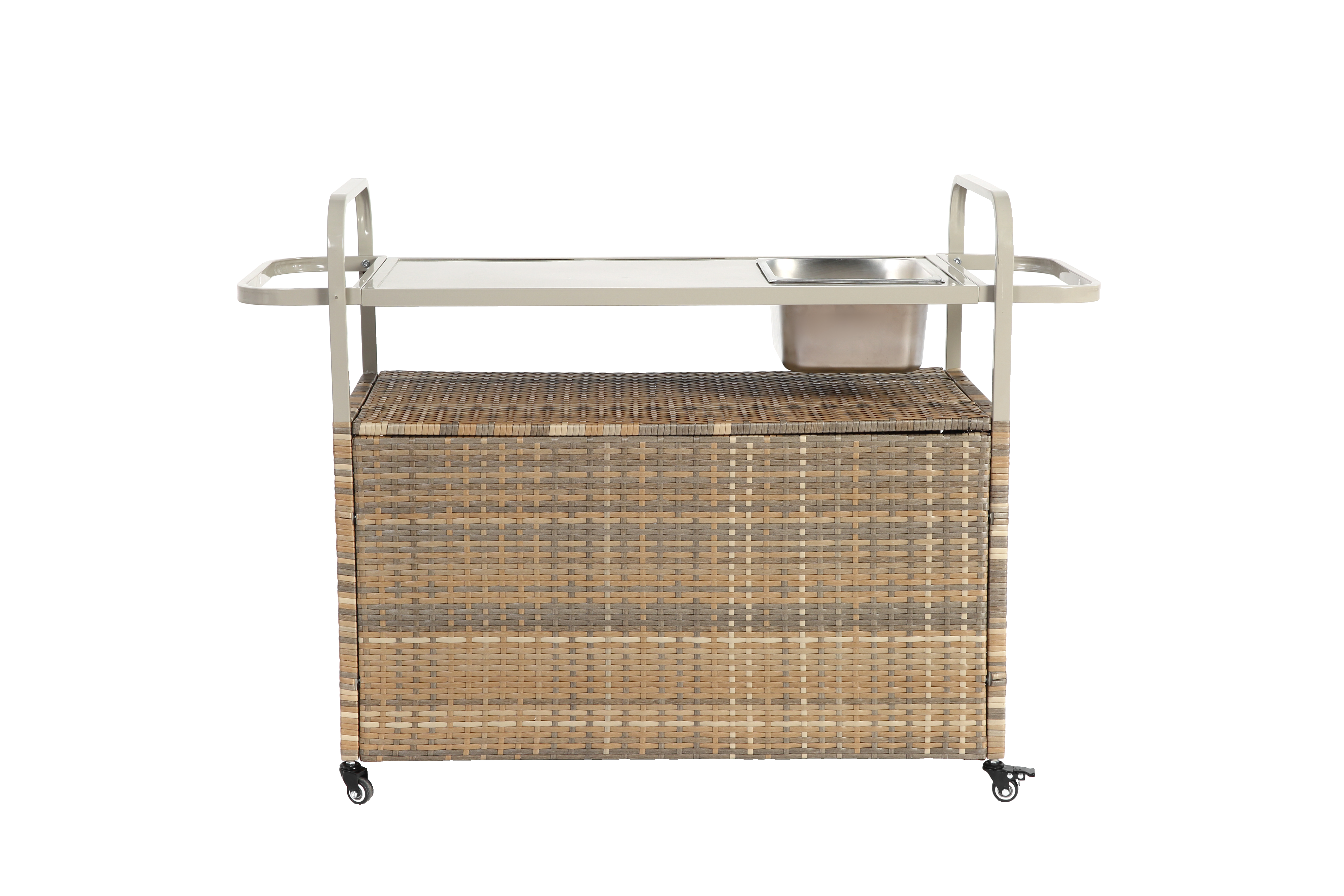 Outdoor Bar Table, Wicker Bar Cart with Cabinet, Patio Serving Cart with steel Top, with one ice bucket,Lockable Wheels, Side Basket for Garden, Poolside & Backyard, Beige