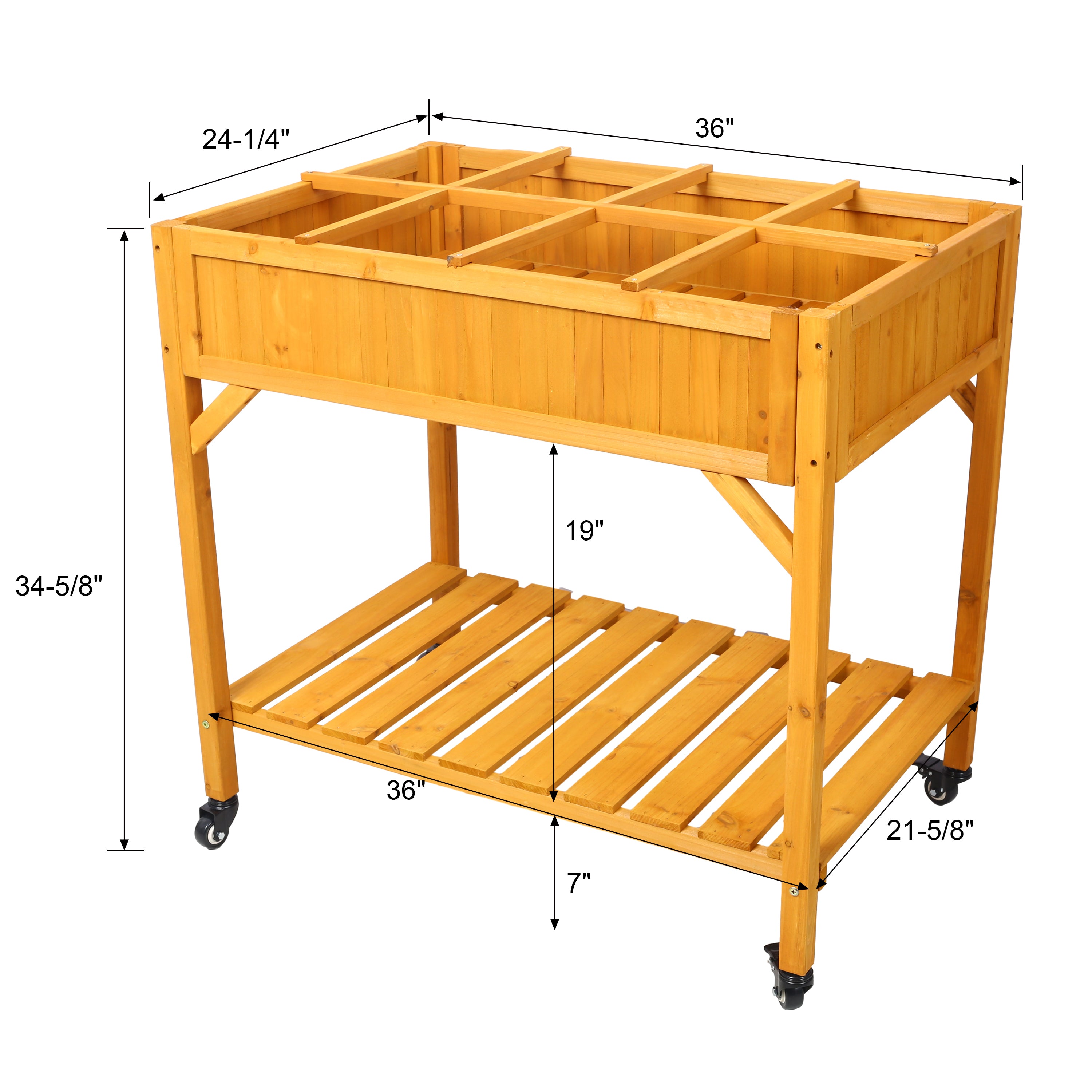 Elevated 8 Pocket Herb Garden Bed – Mobile Wood Planter with Lockable Wheels & Storage Shelf