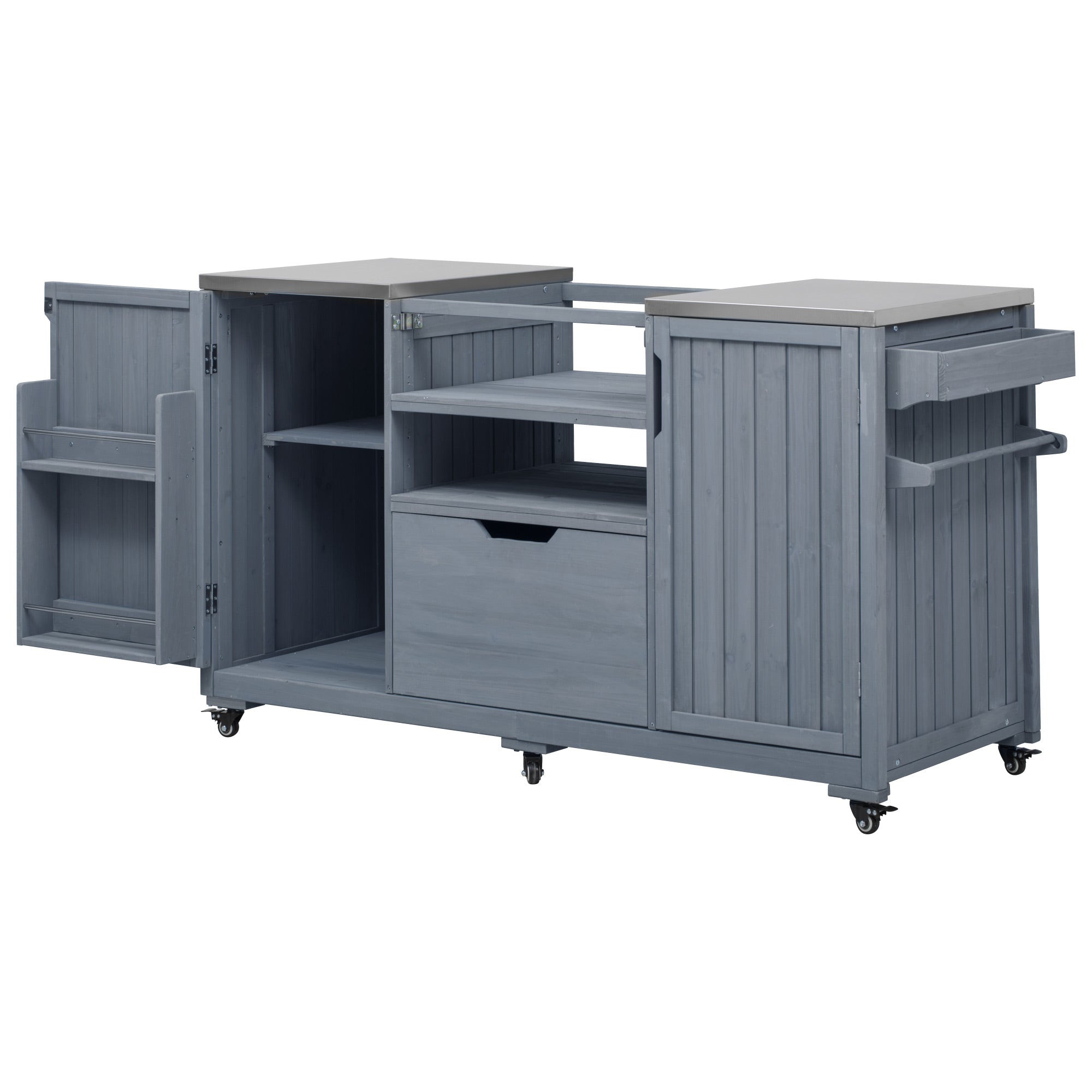 K&K 66.5" Outdoor Kitchen Island for Big Green Egg Grills, Solid Wood Outdoor Grill Cart for Tabletop Grill with Stainless Steel Top, Drawer, Compatible with Large Big Green Egg, Kamado Joe- Grey Blue
