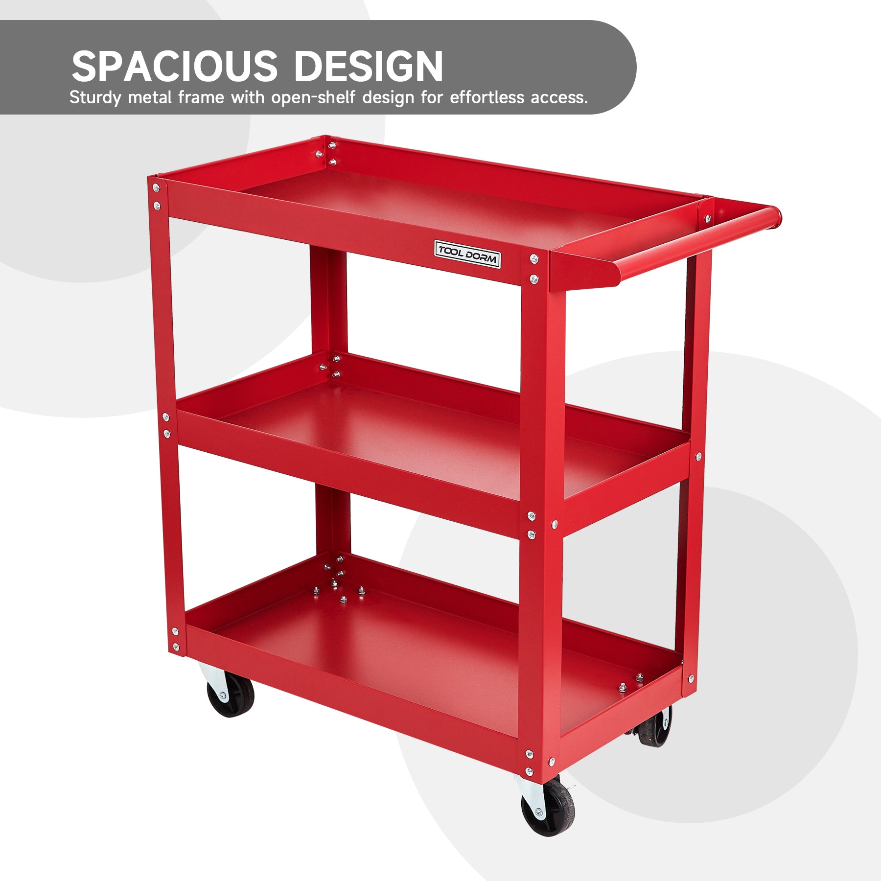 Tool Dorm Utility Service Cart, 3 Shelf 200LBS Heavy Duty Steel Rolling Utility Cart, Medium Lipped Shelf, 360° Swivel Wheels, Ergonomic Storage Handle for Warehouse Garage, Red