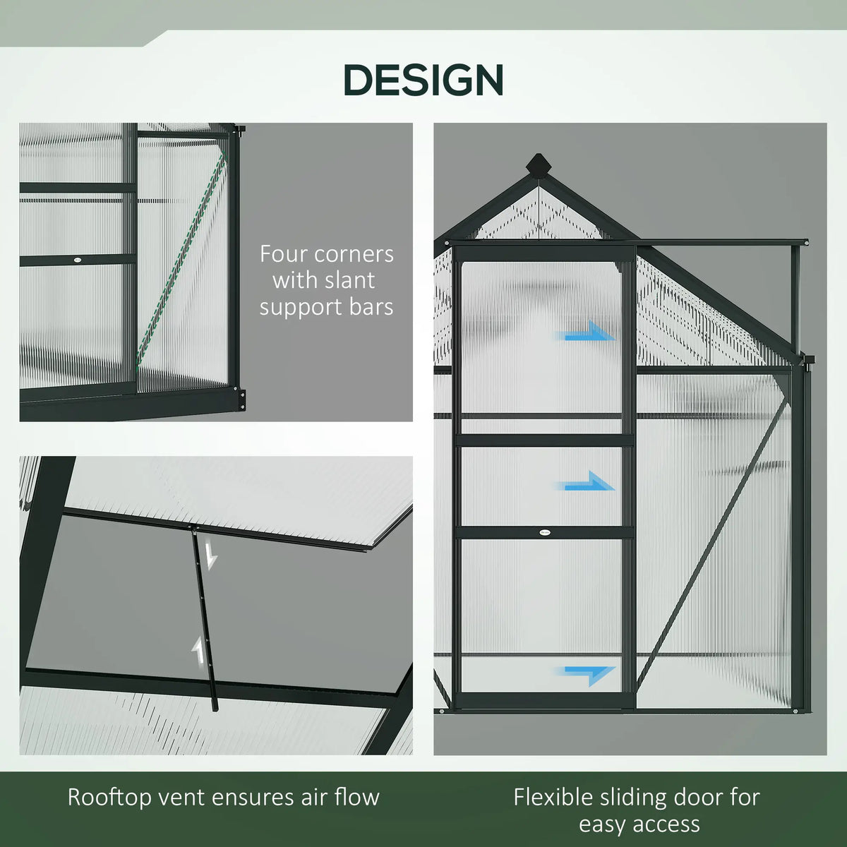6.2ft x 8.3ft x 6.6ft Heavy‑Duty Aluminum Walk‑In Greenhouse — Polycarbonate Panels Sliding Door & Rooftop Vent Gray