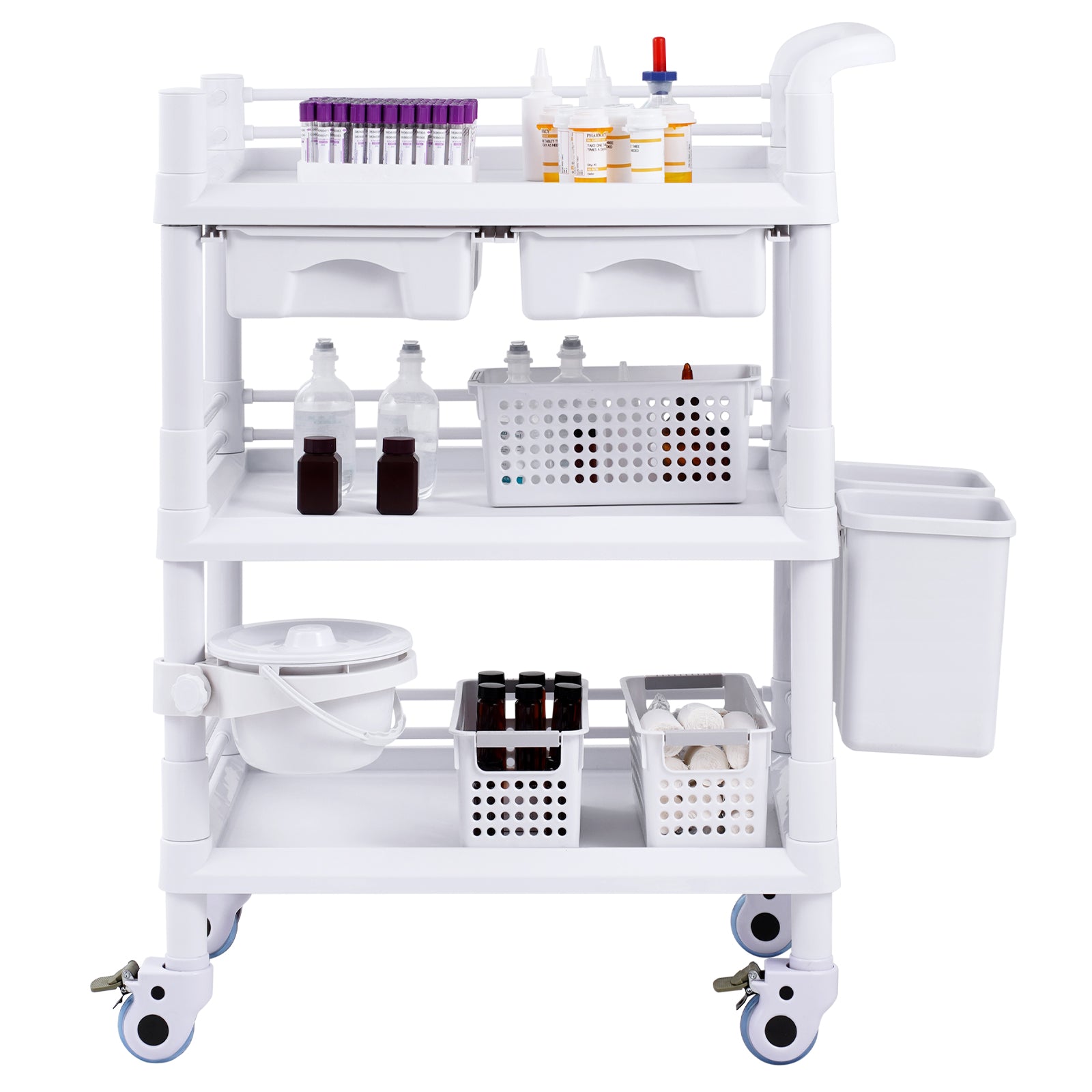 3 Tiers Lab Carts Mobile Medical Cart with 3 Trays & 3 Trash Cans White, Trolley Storage Cart with PP Material, Lab Rolling Cart with 4 Silent Wheels for Lab, Clinic, Hospital, Salon, Office