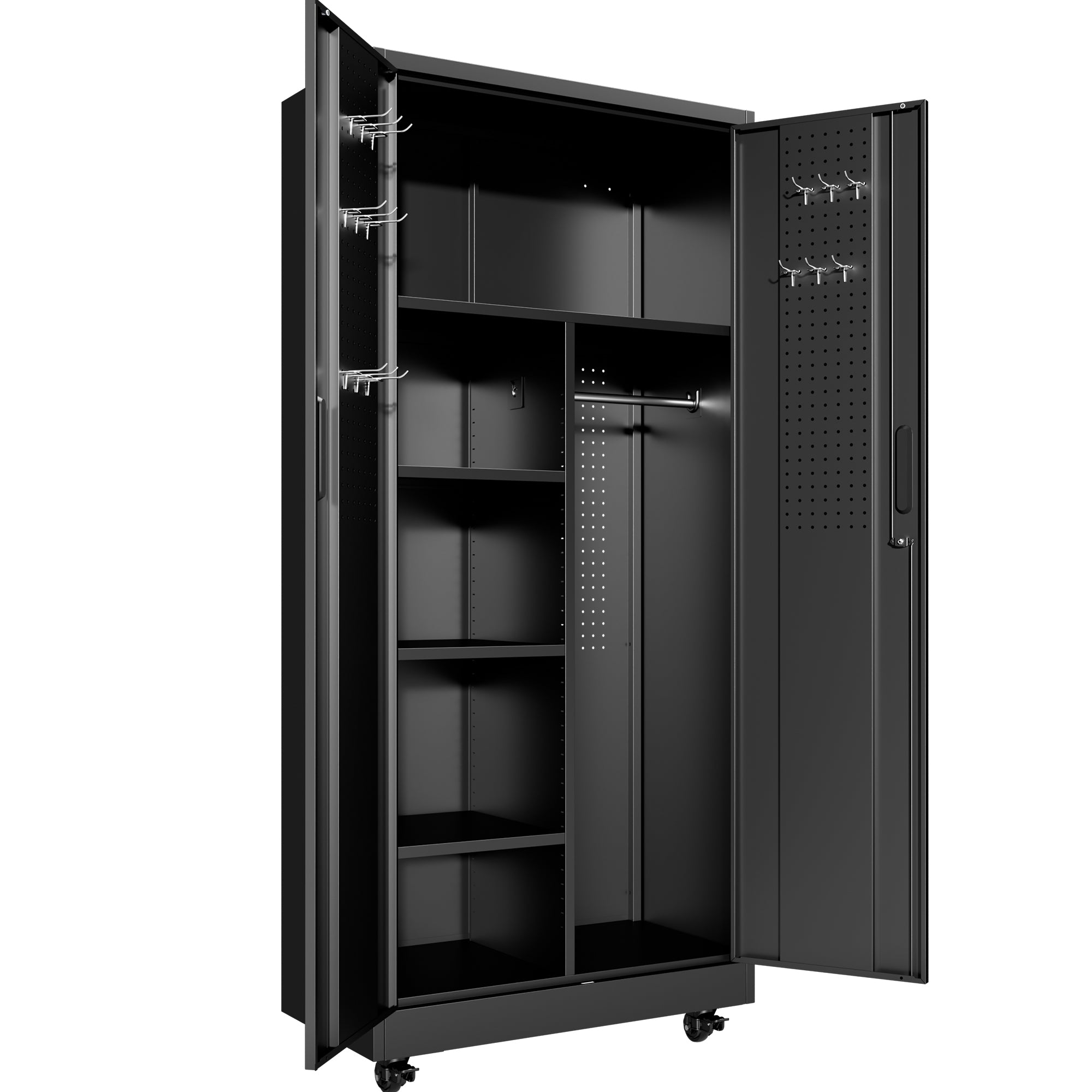 71in Rolling Metal Storage Locker Cabinet, Lockable Doors & Adjustable Shelves, Black | HomeDIYer