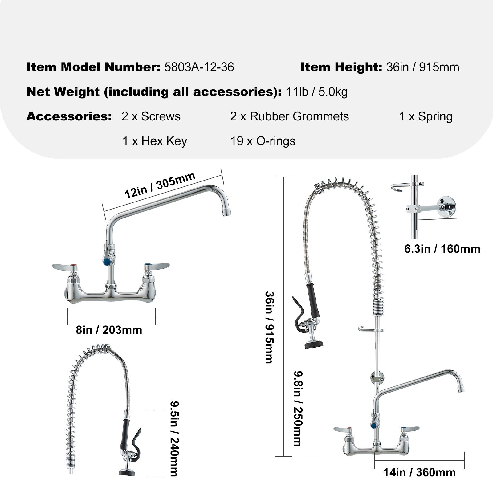 Commercial Faucet with Pre-Rinse Sprayer, 36" Height, 8" Center, 12" Swing Spout, Wall Mount Kitchen Sink Faucet, Brass Constructed Device with Pull Down Spray, for 1/2/3 Compartment Sink