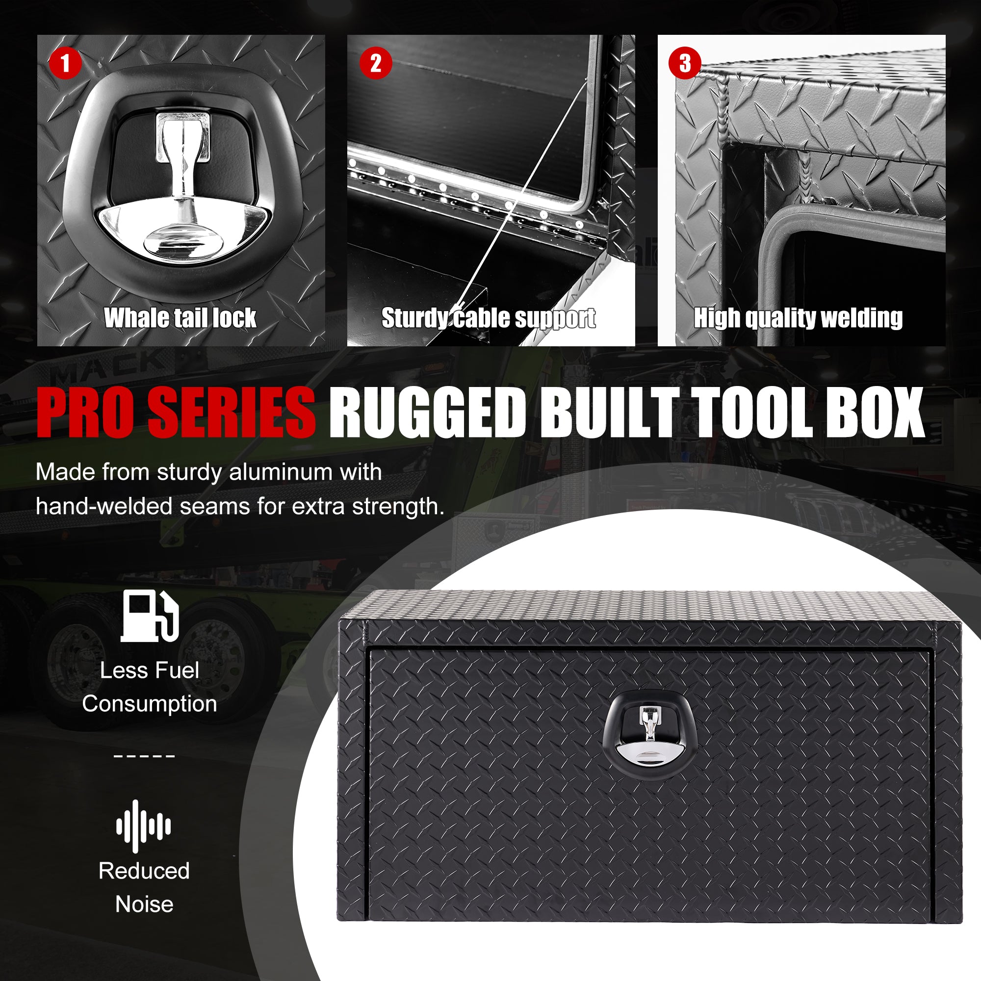 36" Aluminum Underbody Truck Tool Box — Heavy‑Duty Matte Black Diamond Plate, Waterproof & Lockable