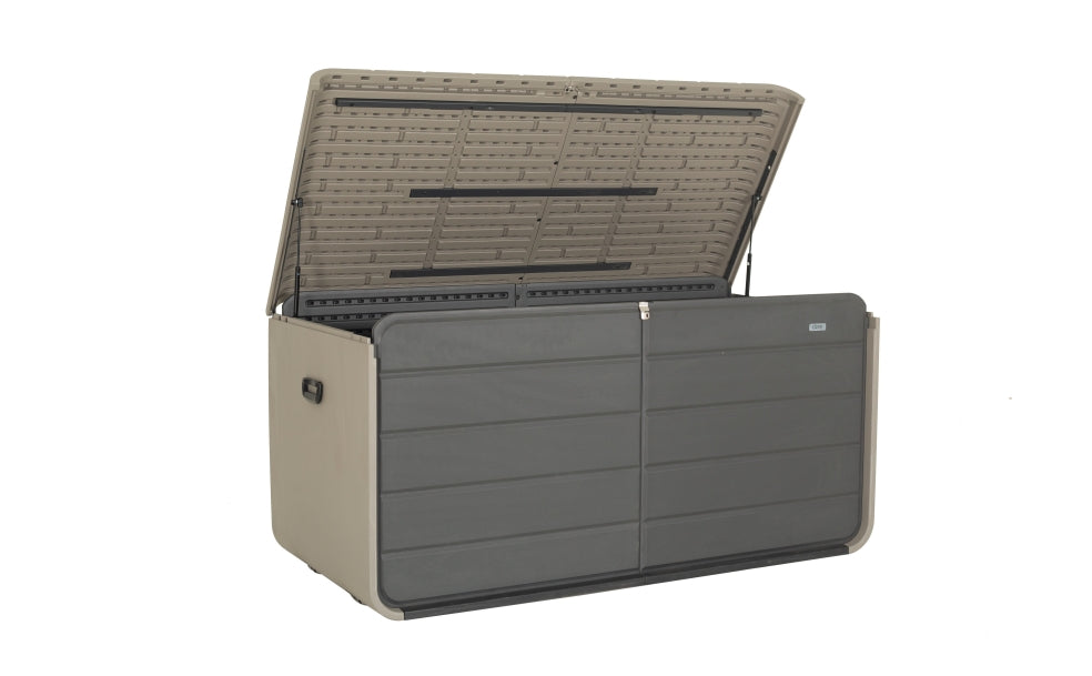 260 Gallon Plastic Deck Box — Extra‑Large Waterproof Outdoor Storage Bench with Wheels & Lock, Gray