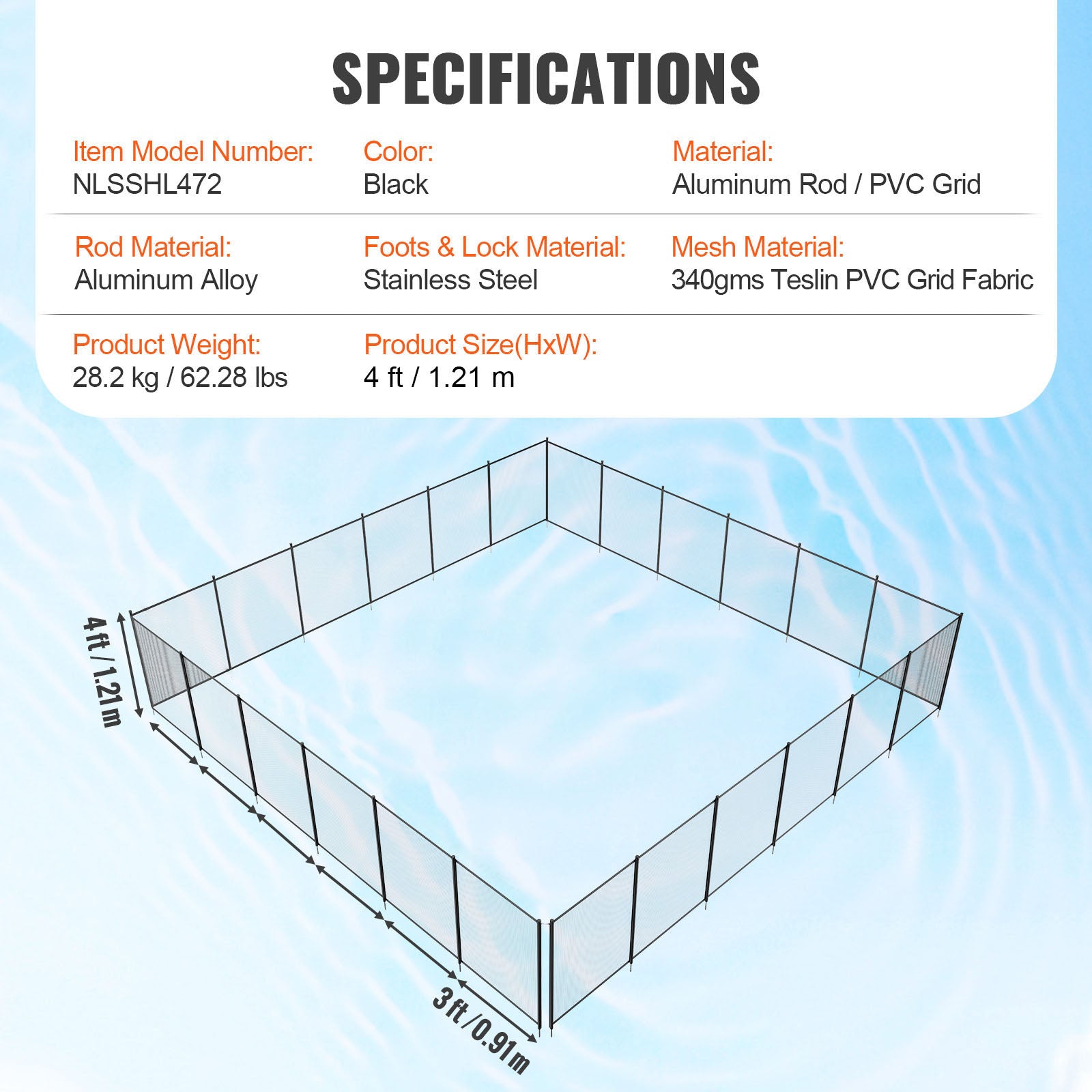 4ft x 72ft Removable Pool Safety Fence — DIY Child & Pet Protection Mesh for Inground Pools Black