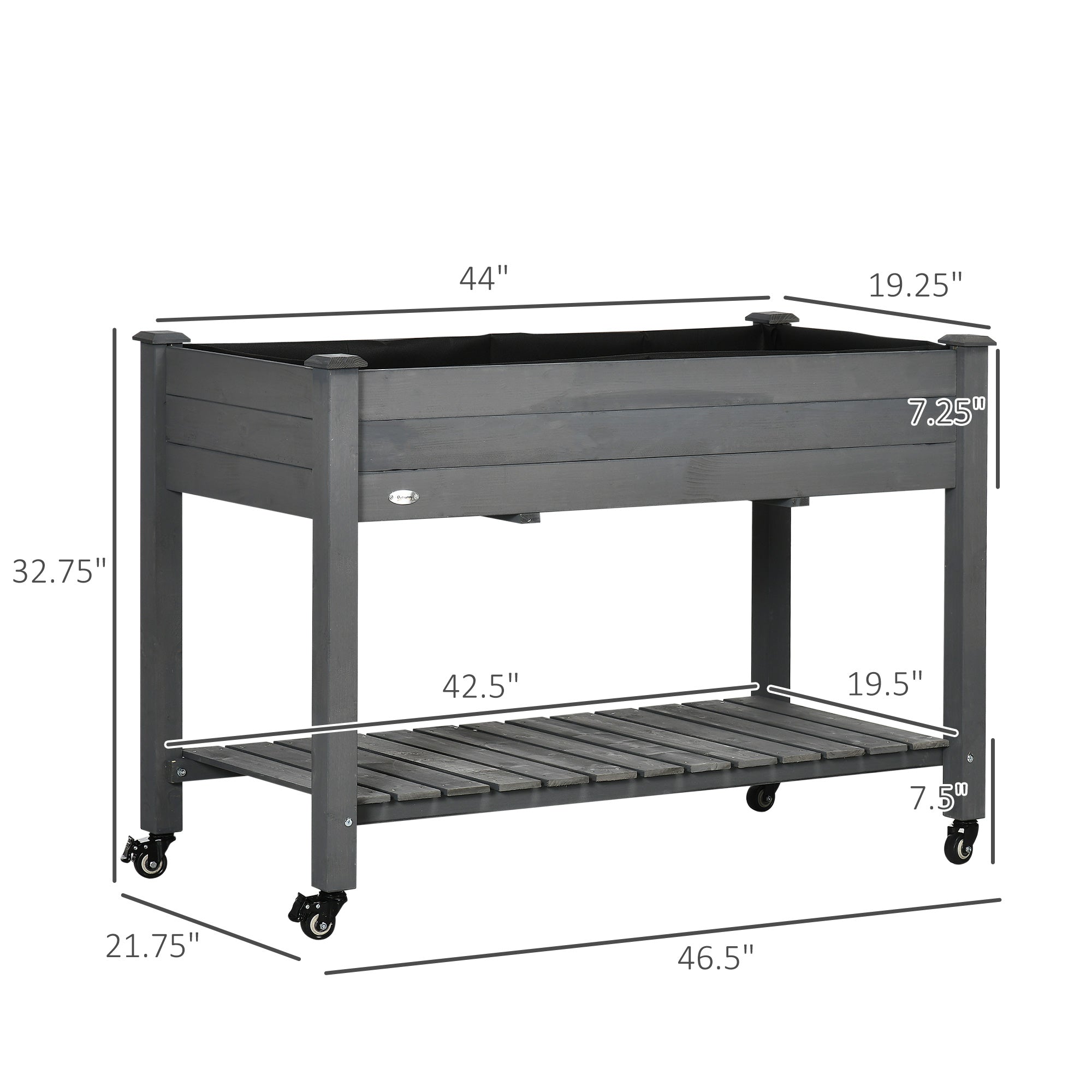 Outsunny Raised Garden Bed, 47" x 22" x 33", Elevated Wooden Planter Box with Lockable Wheels, Storage Shelf, and Bed Liner for Backyard, Patio, Dark Gray