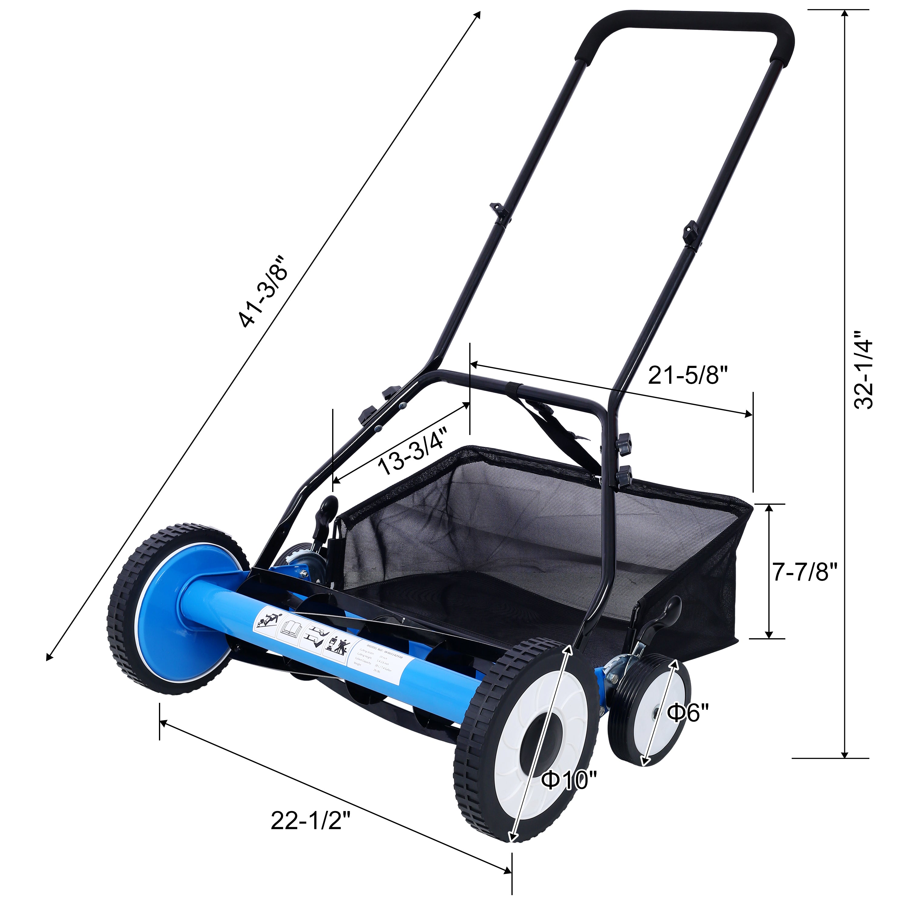 16-Inch 5-Blade Push Reel Lawn Mower with Grass Catcher, 4 WHEELS BLUE COLOR