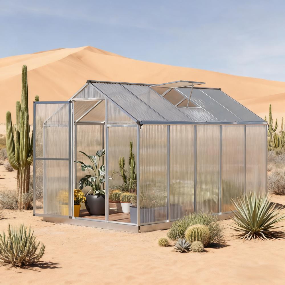 10ft x 6ft Heavy‑Duty Aluminum Walk‑In Greenhouse — Polycarbonate Panels Roof Vent & Rain Gutters Silver