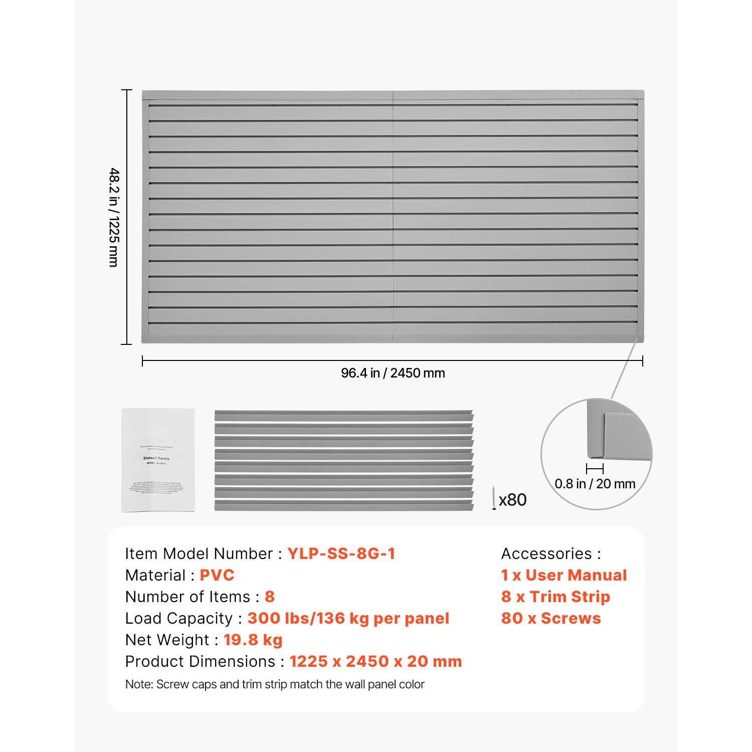 Newly upgraded second-generation 8 x 4 ft Slat Wall Paneling PVC Grey Garage Slatwall with Modular Design