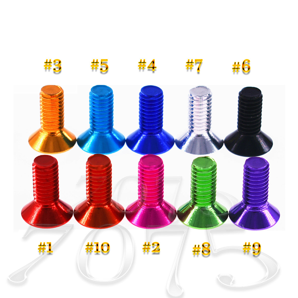 M3–M6 Aluminum 7075 Flat Head Allen Bolts – Color Anodized, 10mm Length, Fully Threaded