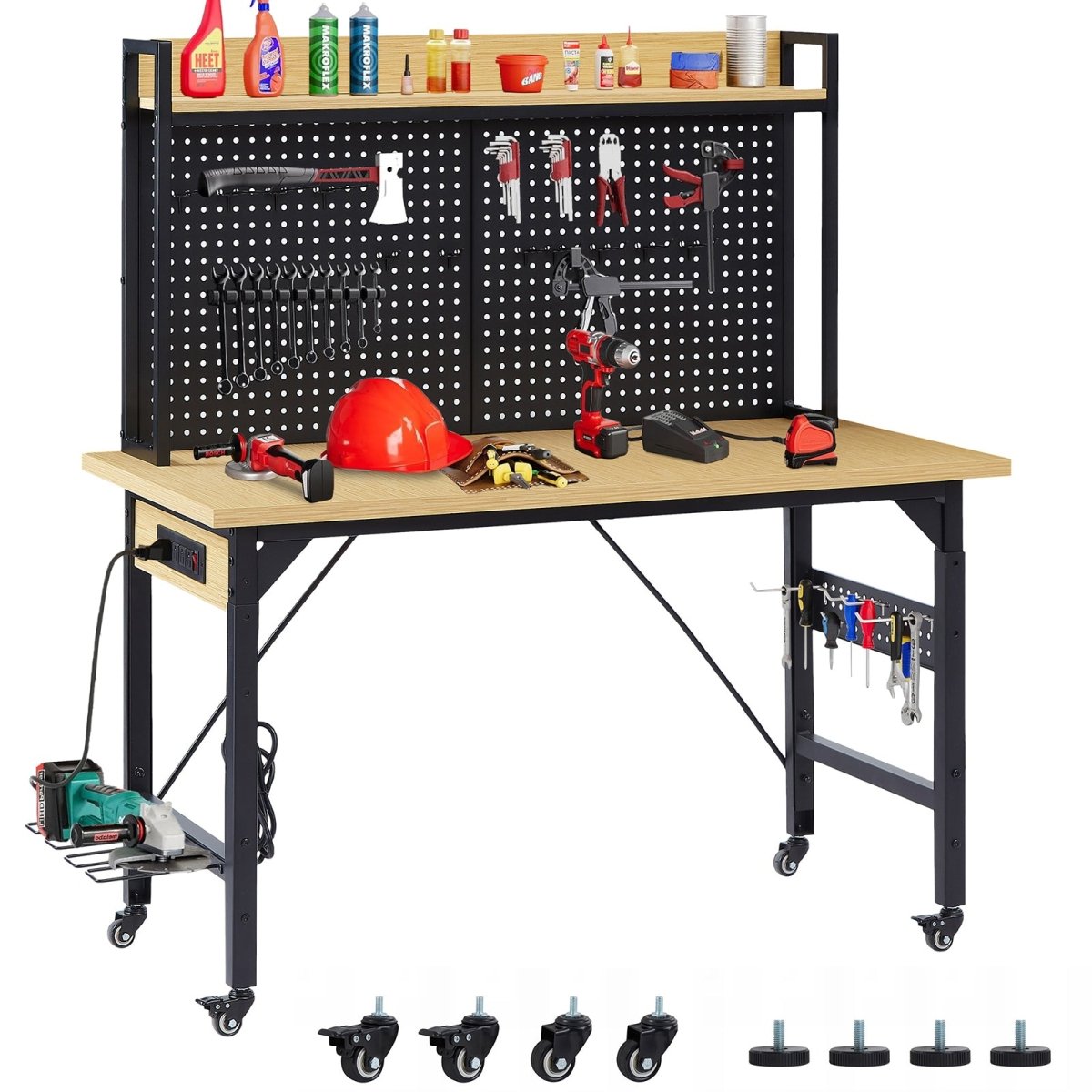48''Adjustable Workbench with pegboard, Heavy Duty Wooden Desktop Workbench with Wheels, 1600 lb. Load Capacity, Rolling Workbench with AC/USB Outlet, Hooks, Shelf, for Garage, Workshop, Office, Home. - HomeDIYer