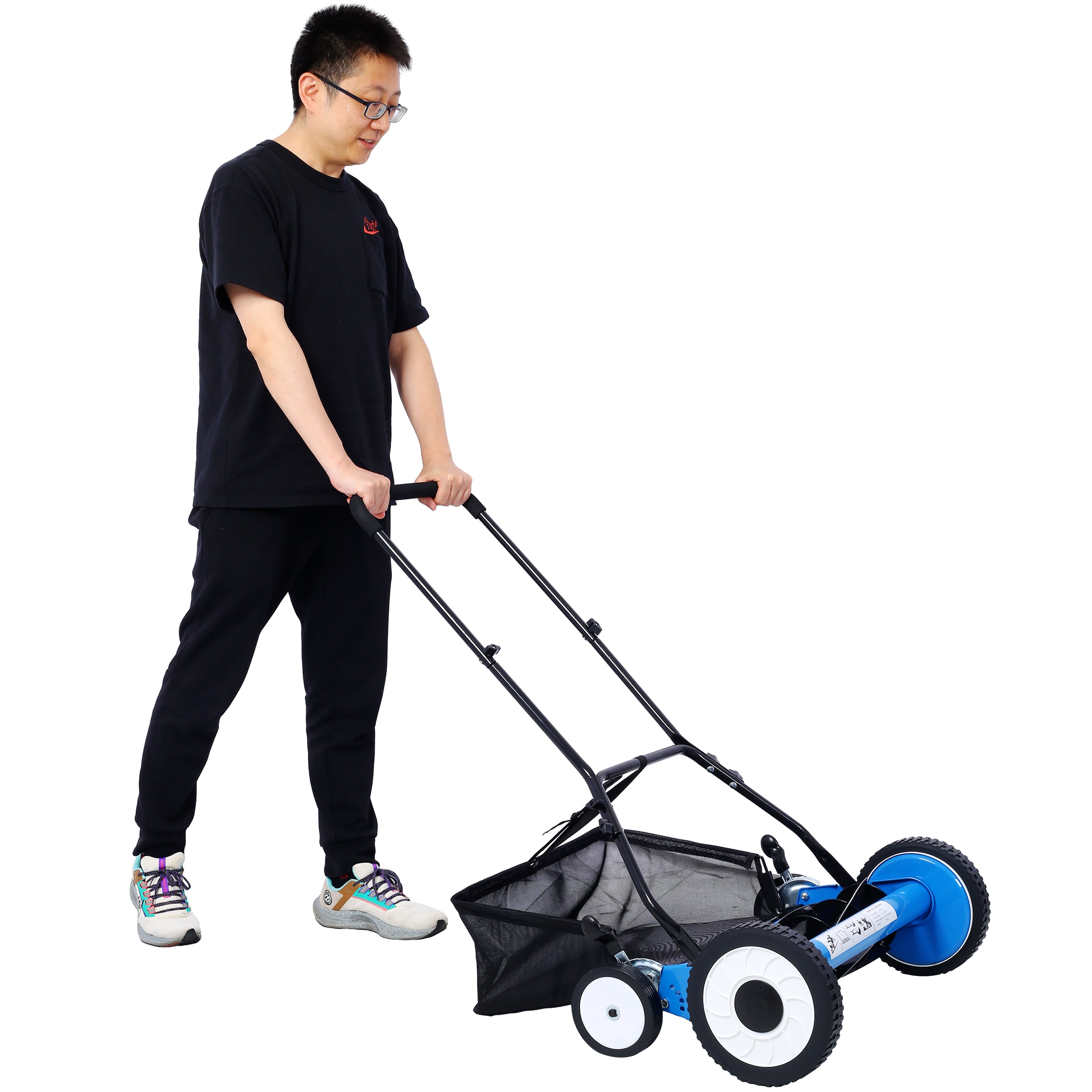 20-Inch 5-Blade Push Reel Lawn Mower with Grass Catcher, 4 WHEELS BLUE COLOR