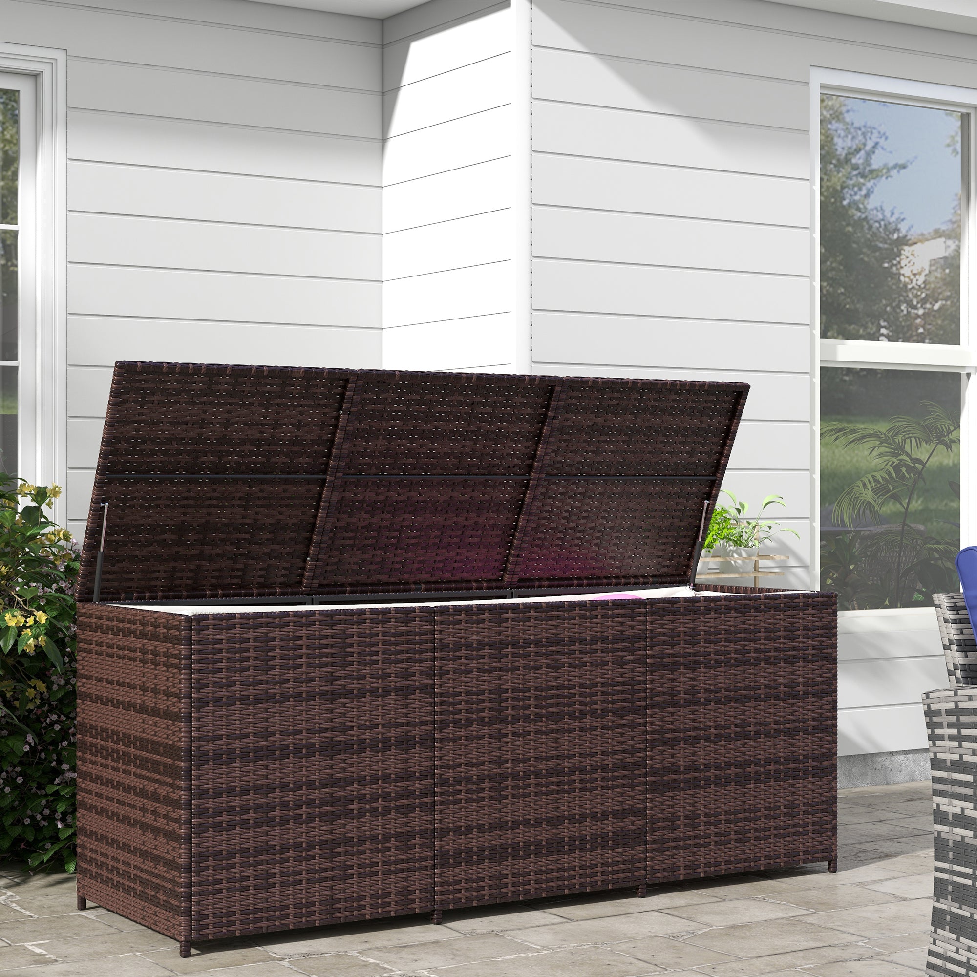 Outsunny 175 Gallon Outdoor Storage Box with Inner Liner, PE Rattan Wicker Deck Box with Pneumatic Bar Lift for Indoor & Outdoor, Patio Furniture Cushions, Pool Toys, Garden Tools, Mixed Brown
