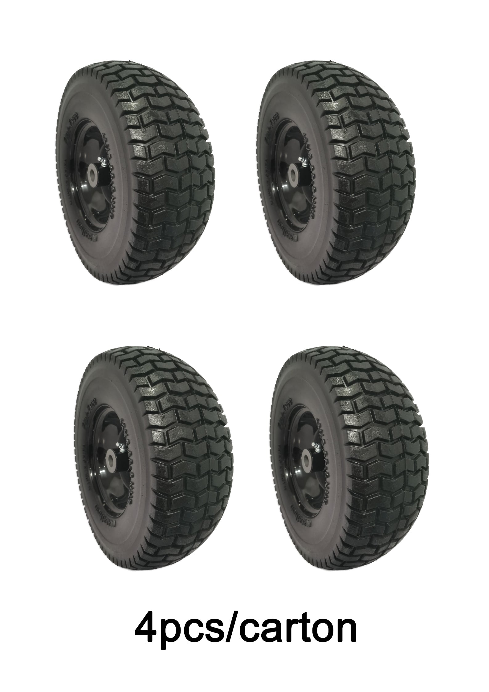 (4-Pack) 13x5.00-6 Flat Free Tire and Wheel Assemblies – Solid Rubber, 3" Centered Hub, 3/4" Bushings, 440 lb Capacity