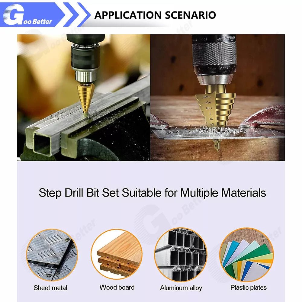 HSS 6PCS Titanium Step Drill Bit Set With Automatic Center Punch for Metal/Wood - HomeDIYer