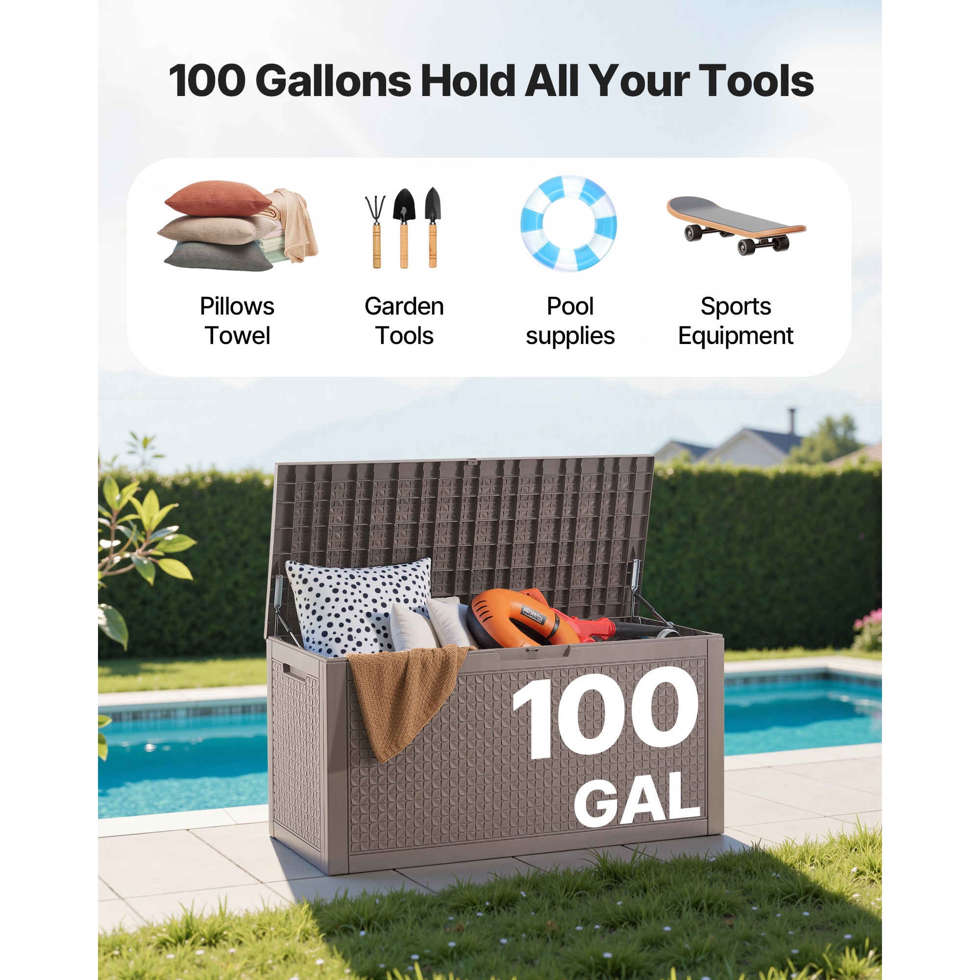 Outdoor Storage Box, 100 Gallon Resin Deck Box, Backyard Outside Toy and Towel Storage Cabinet Waterproof, for Patio Furniture Cushions, Garden Tools, Pool Supplies & Package Delivery (Grey)