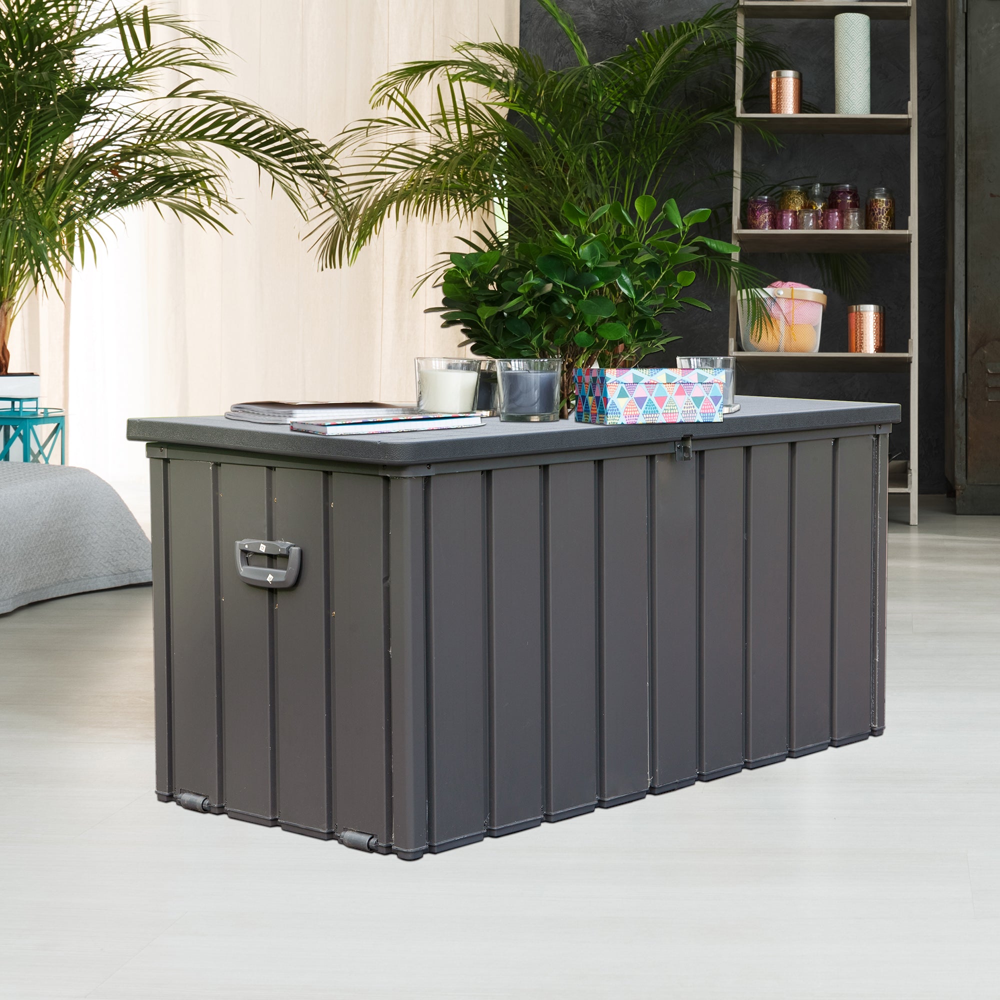 100 Gallon Outdoor Steel Deck Box with Double‑Layer Resin Lid – Waterproof Patio Storage Bench, Dark Gray, 440 lb Capacity