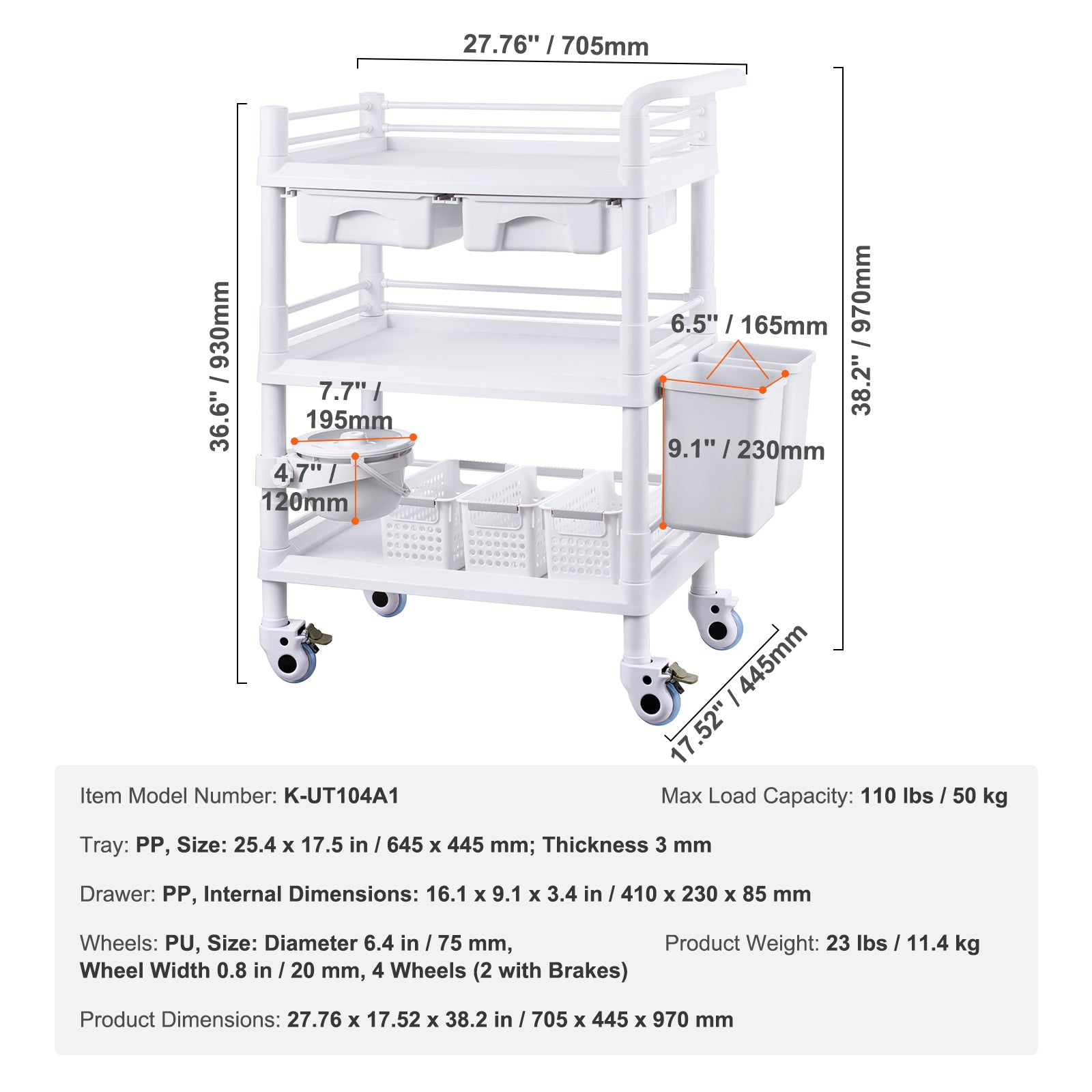 3 Tiers Lab Carts Mobile Medical Cart with 3 Trays & 3 Trash Cans White, Trolley Storage Cart with PP Material, Lab Rolling Cart with 4 Silent Wheels for Lab, Clinic, Hospital, Salon, Office