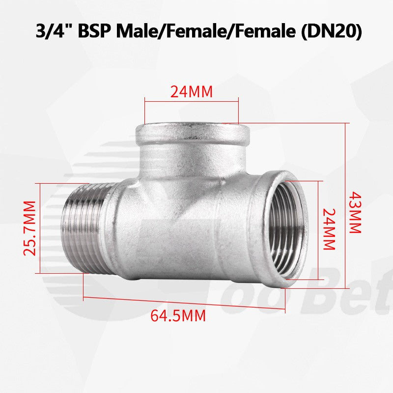 304 Stainless Steel BSP Tee Pipe Fitting — Male & Female Thread, 1/2" to 2"