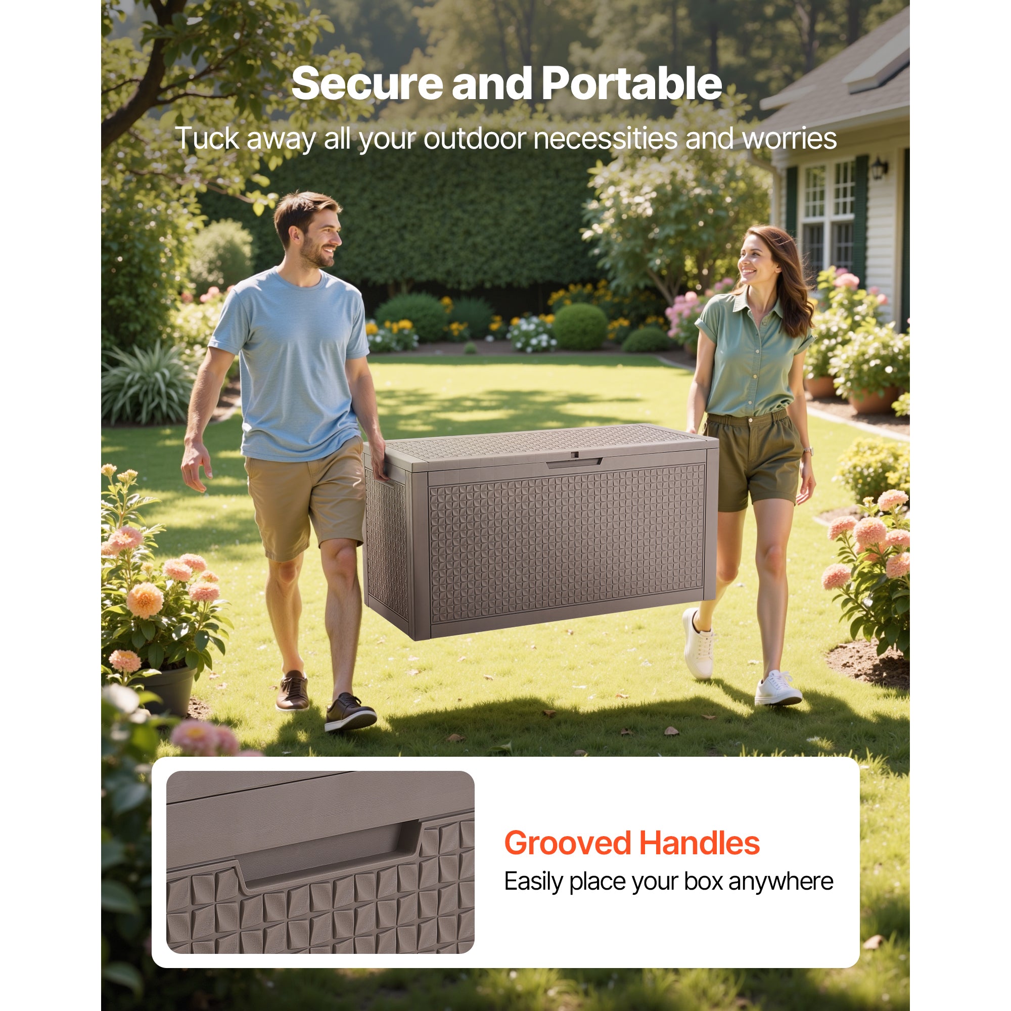Outdoor Storage Box, 100 Gallon Resin Deck Box, Backyard Outside Toy and Towel Storage Cabinet Waterproof, for Patio Furniture Cushions, Garden Tools, Pool Supplies & Package Delivery (Grey)