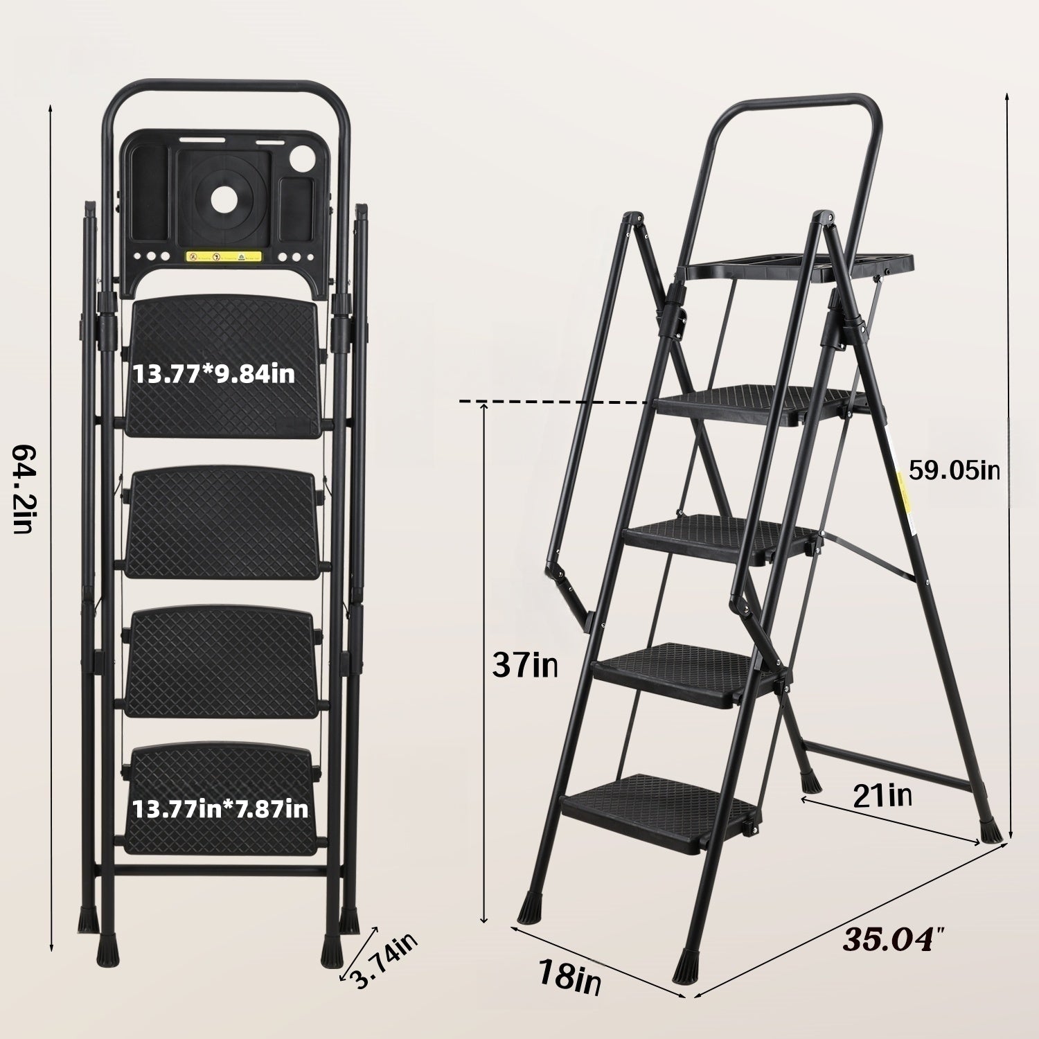 4‑Step Folding Ladder with Non‑Slip Pedals & Tool Tray — 330 lb Capacity, Black Steel, Ideal for Home & Office