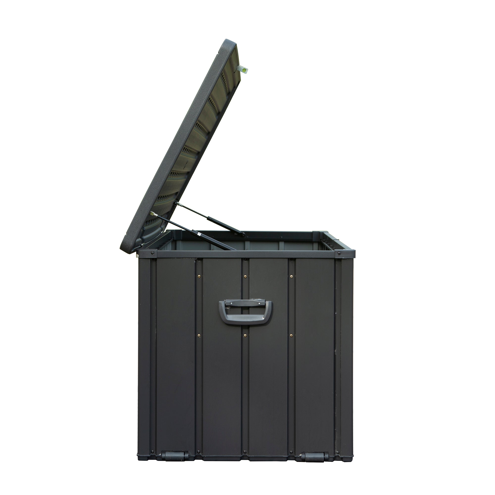 100 Gallon Outdoor Steel Deck Box with Double‑Layer Resin Lid – Waterproof Patio Storage Bench, Dark Gray, 440 lb Capacity