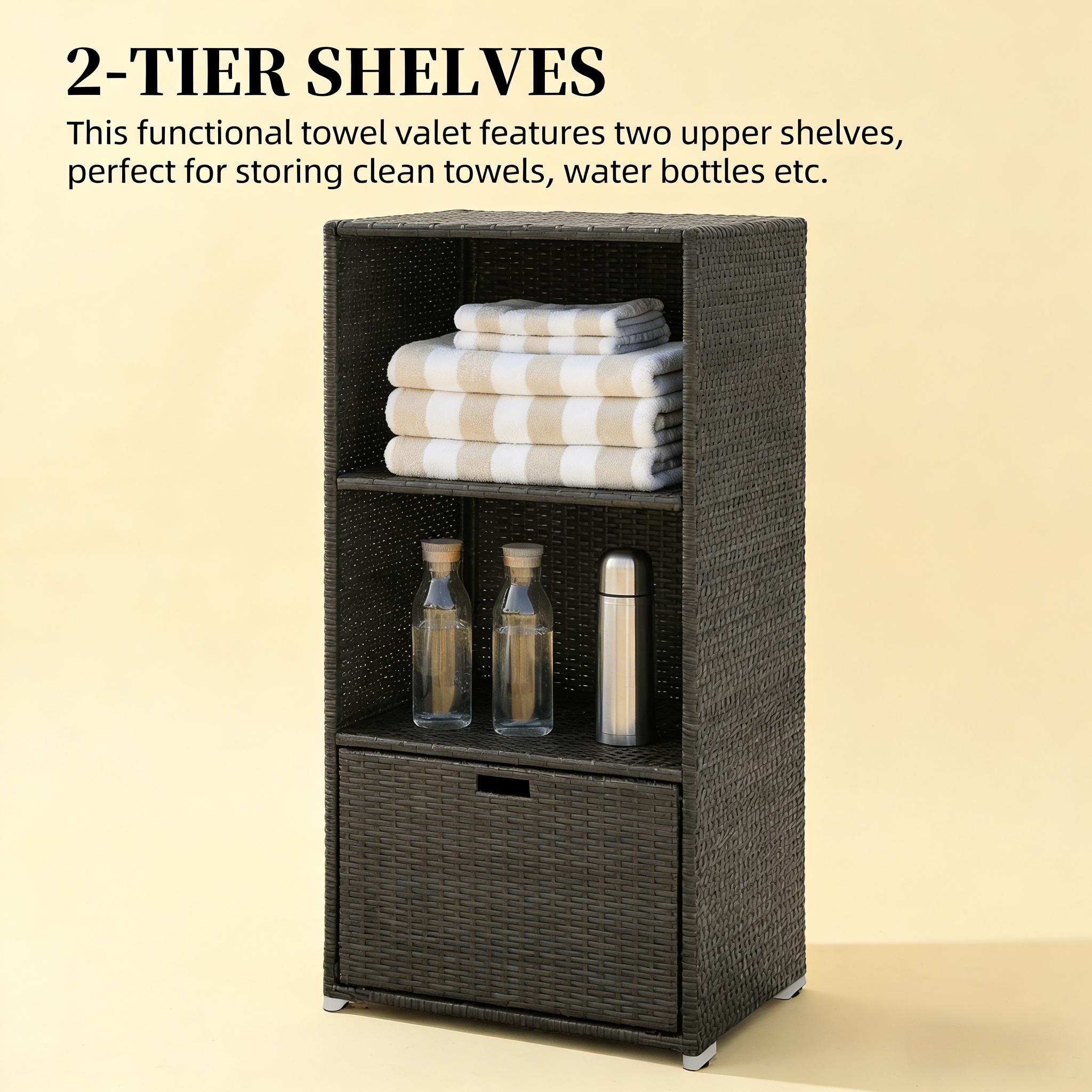 Outdoor Two-Shelf Storage Rack,Rattan Wicker Storage Organizer,Beachfront Towel Storage Rack