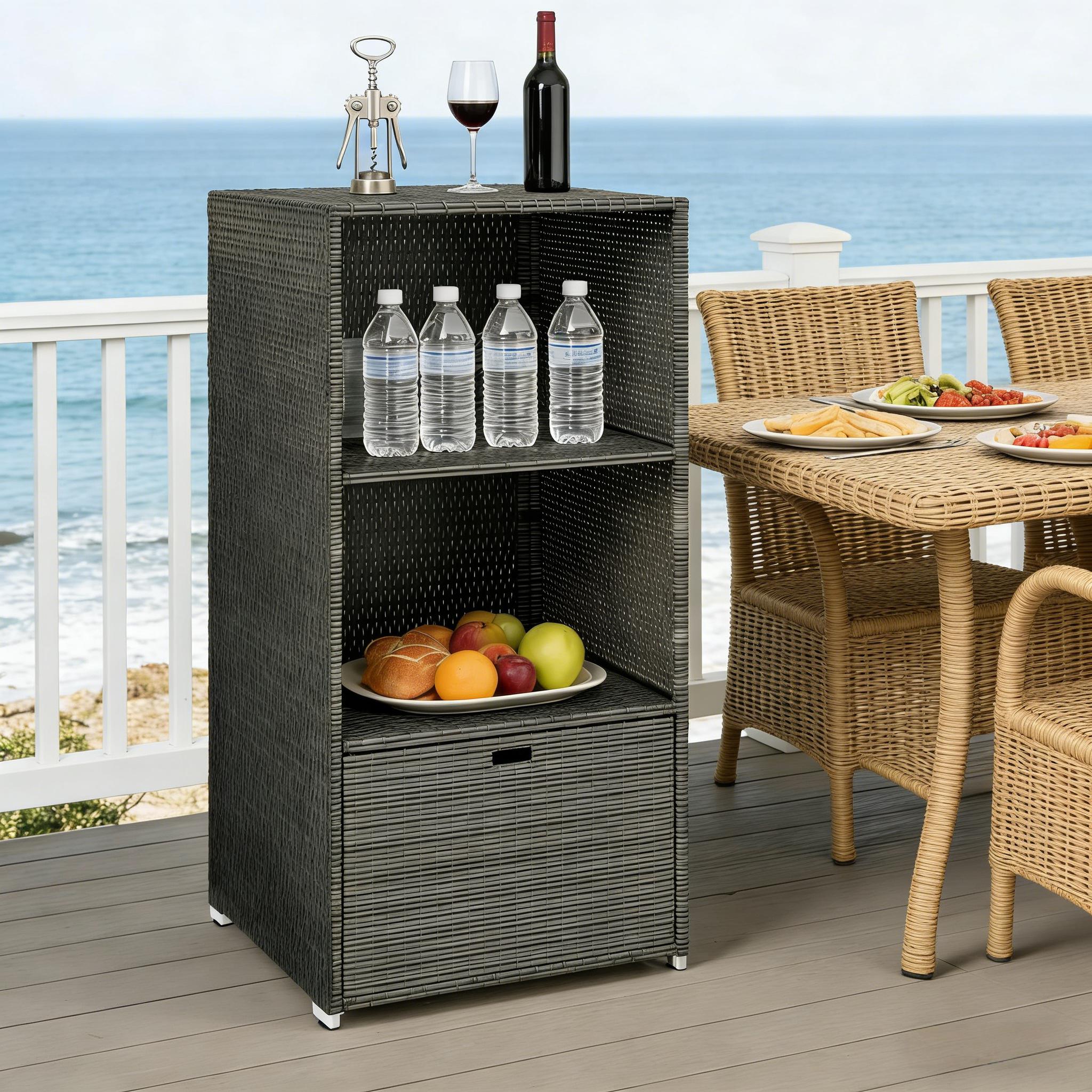 Outdoor Two-Shelf Storage Rack,Rattan Wicker Storage Organizer,Beachfront Towel Storage Rack