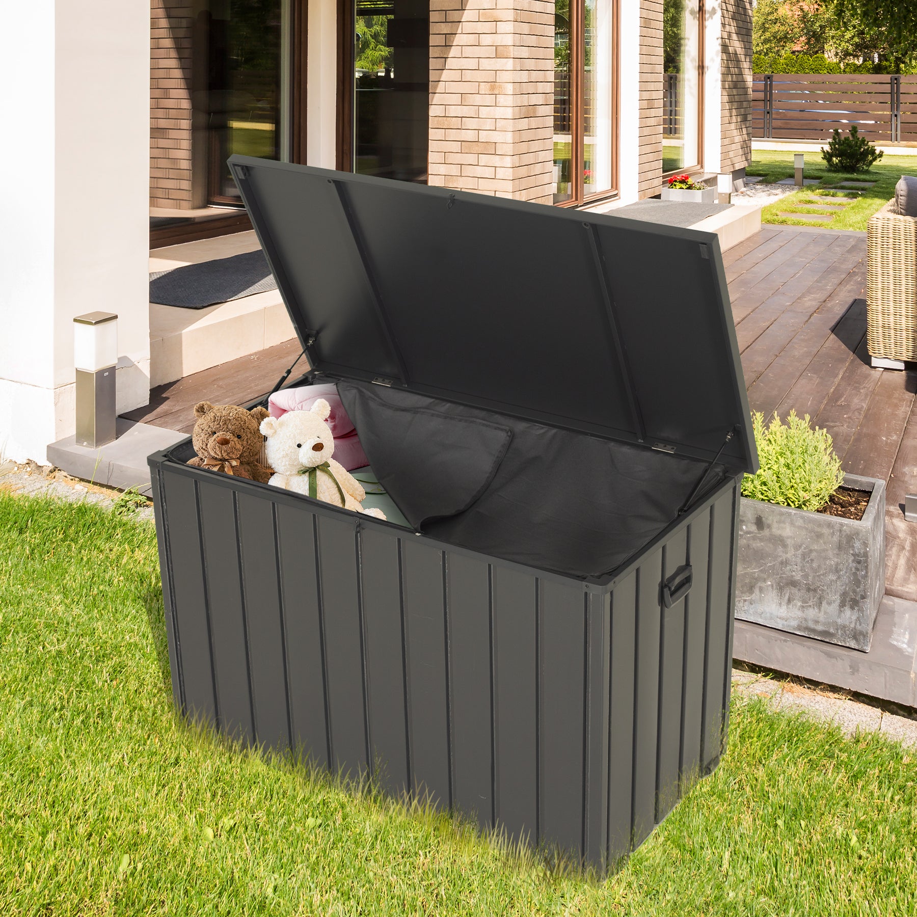 100 Gallon Metal Outdoor Deck Box with Built‑in Oxford Fabric Storage Bag – Waterproof Patio Bench, Dark Gray