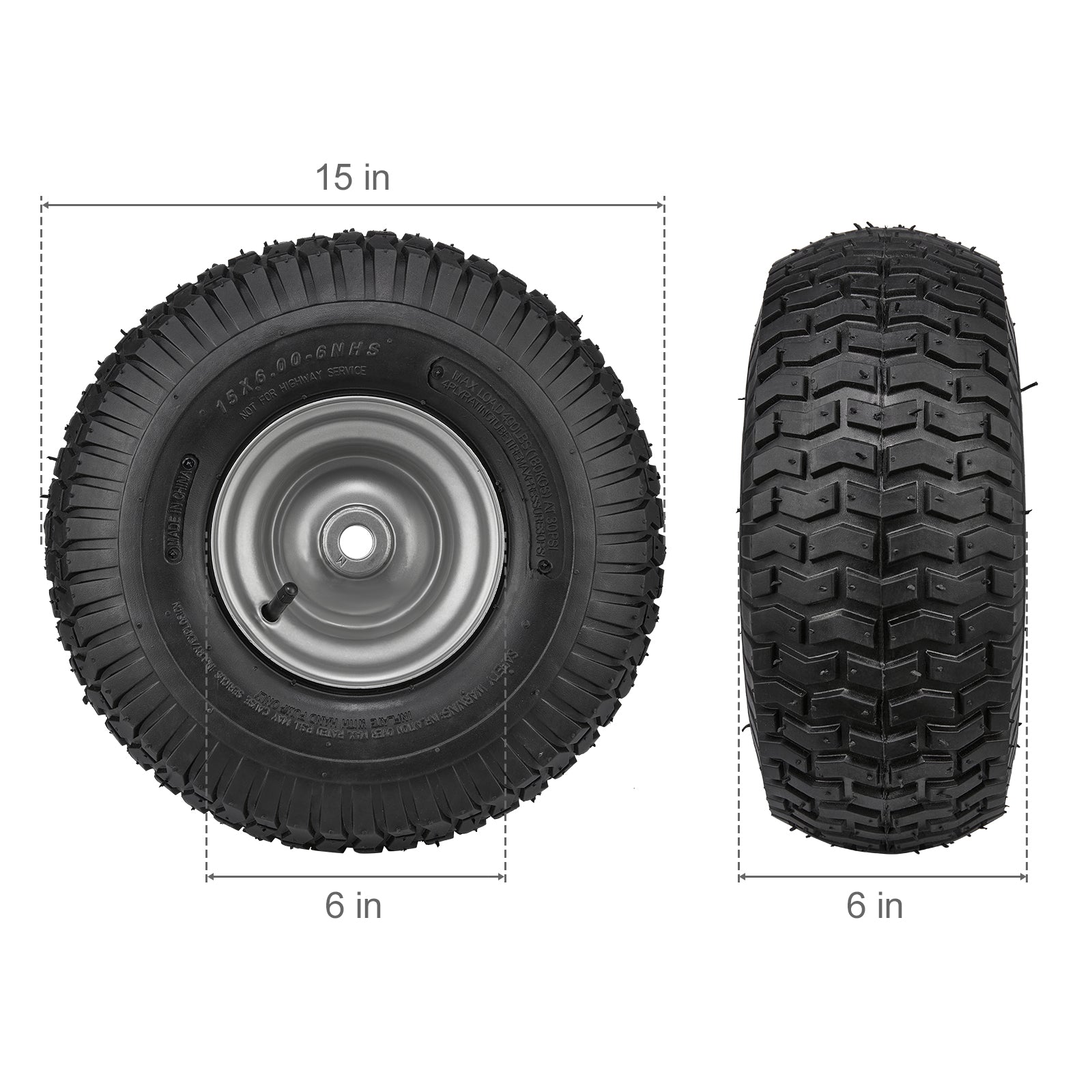 2-Pack 15x6-6" Lawn Tractor Tires – Turf Pneumatic with Rims, 3" Centered Hub, 16 Adapters