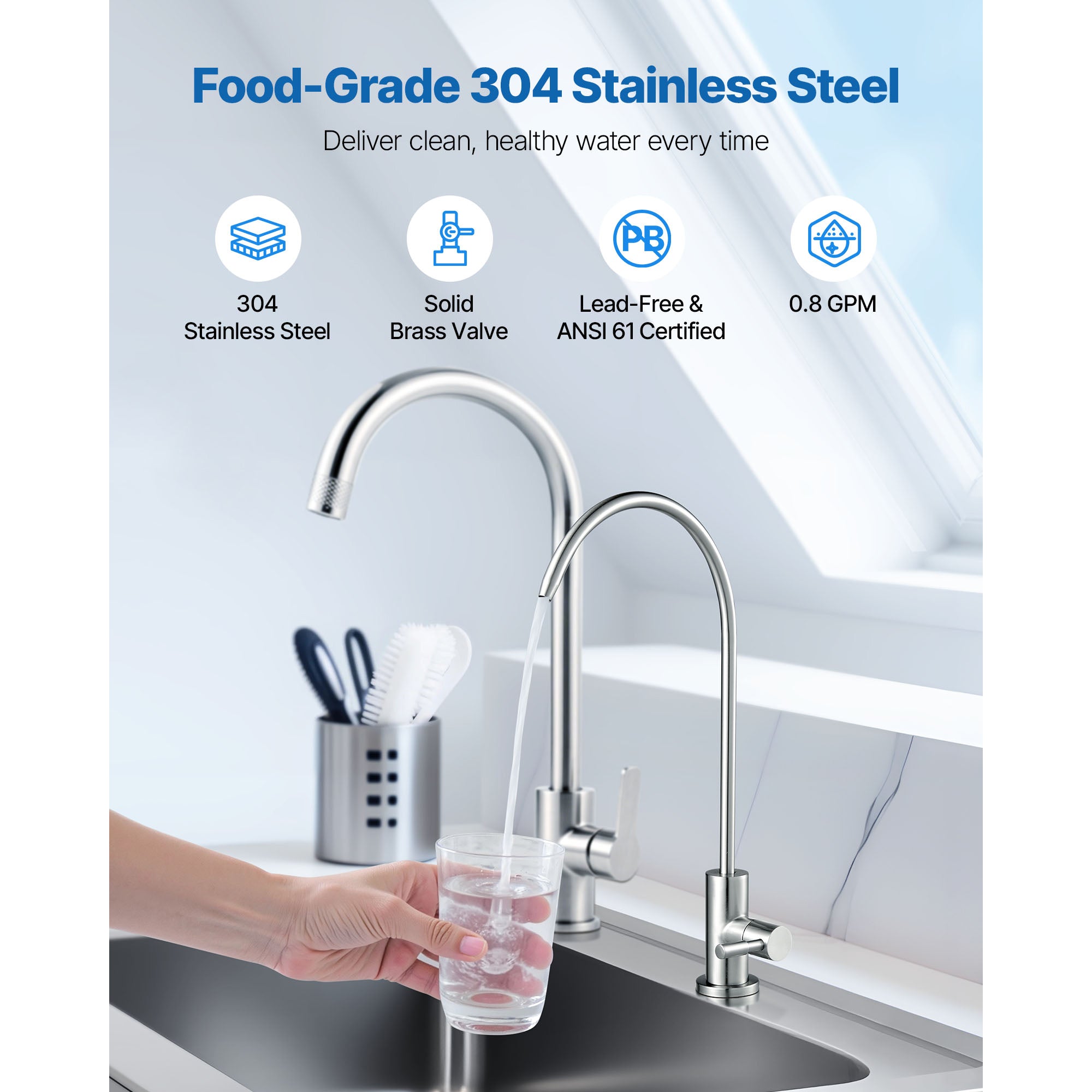 Stainless Steel Faucet, Lead-Free Drinking Water Faucets, Reverse Osmosis Faucet with Solid Brass Valve, High Arch Filtered Water Faucets For Kitchen Sink, Bar Counter, Cafe Shop, Brushed Nickel