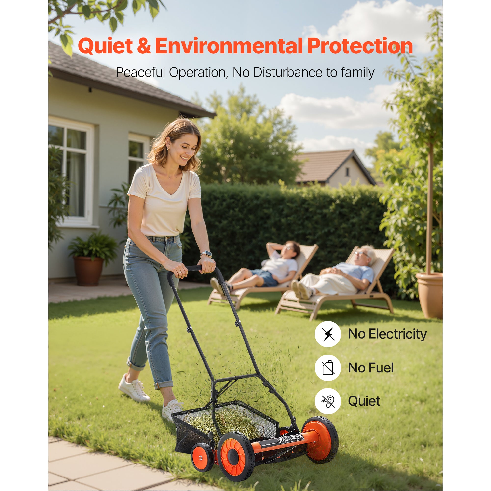 18" Manual Push Reel Lawn Mower 5-Blade Adjustable Height Grass Catcher 4 Wheels