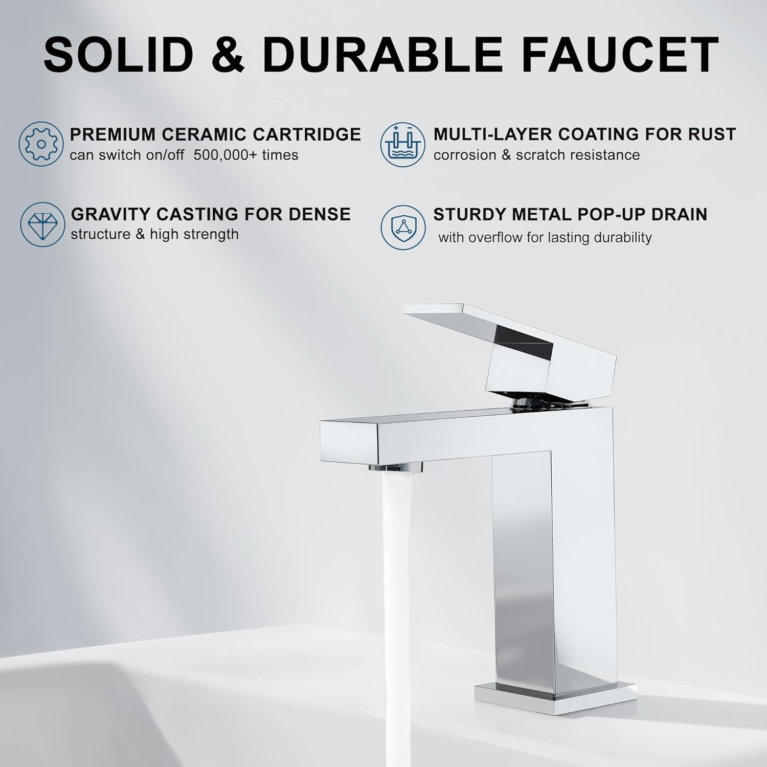Modern Chrome Bathroom Faucet, Single Hole Bathroom Faucet, Solid Brass Chrome Polished Bathroom Sink Faucet, Single Handle Heavy Duty Square Basin Vanity Square Bathroom Faucet with Pop-up Drain