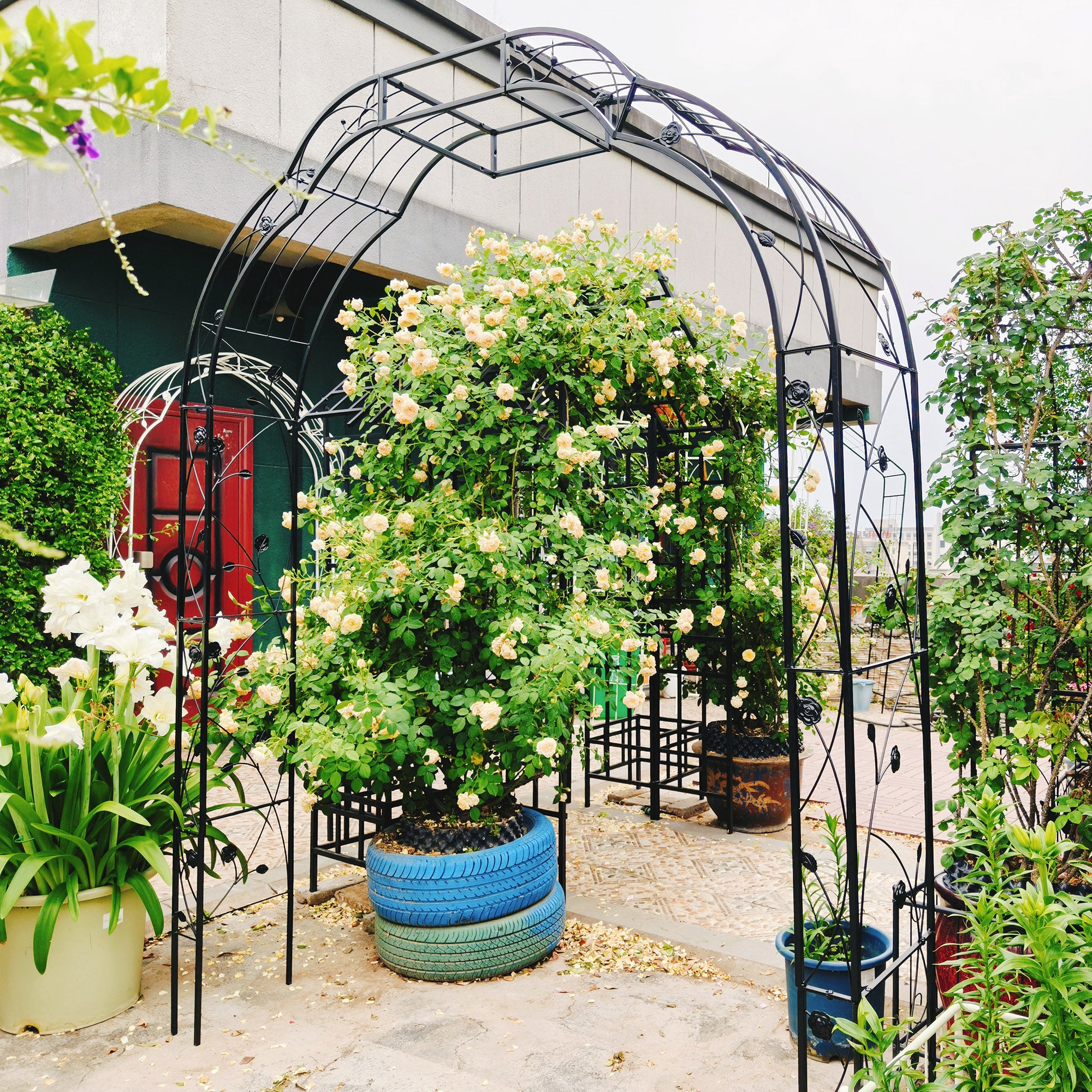 Metal Garden Arch W74.4'' x H98.4'' Garden Arbor Trellis Climbing Plants Support Rose Arch Outdoor Arch Black