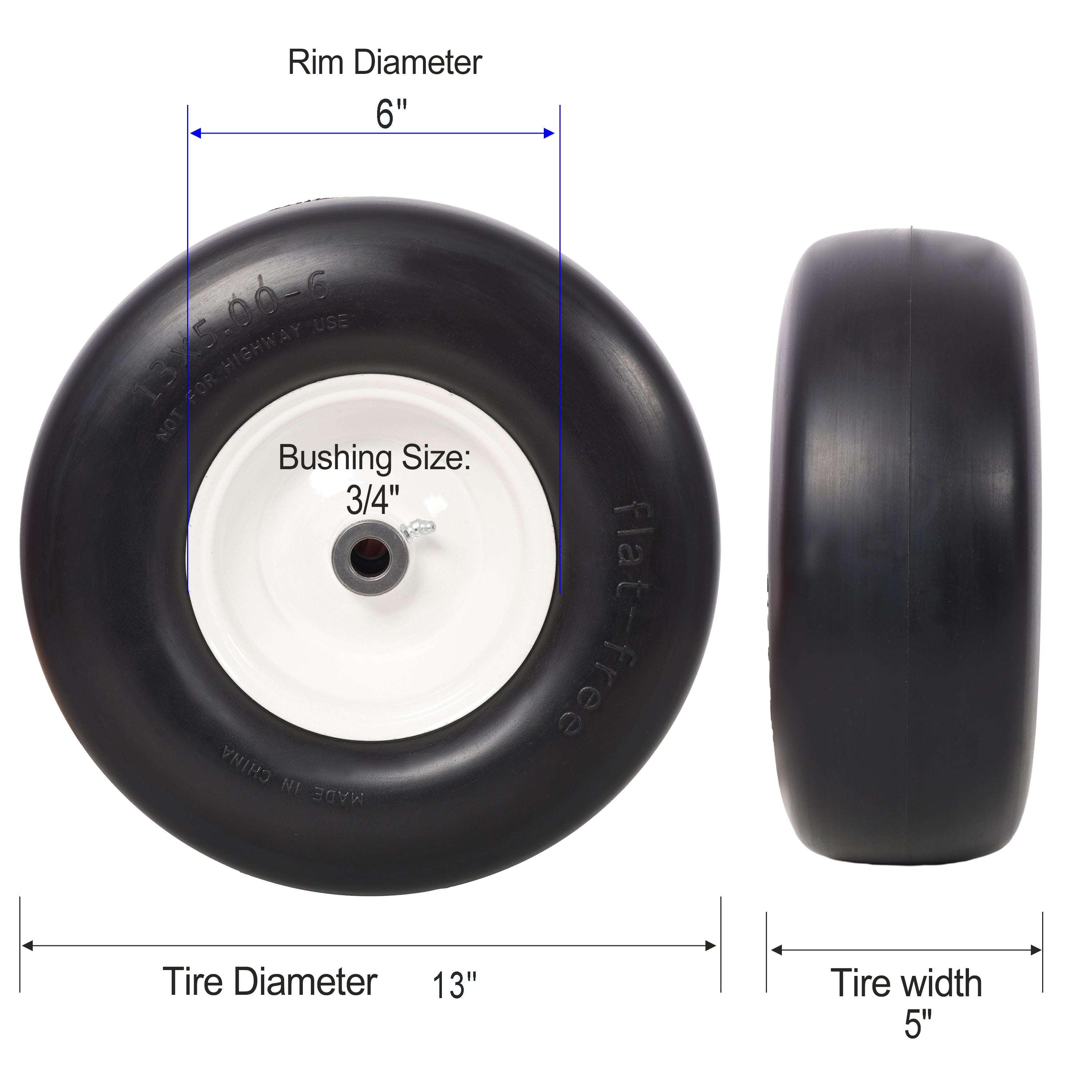 2-Pack 13x5.00-6 Flat Free Lawn Mower Tires – Zero Turn Solid Tires, Smooth Tread, 3/4" Bearing, 500 LB Capacity Each