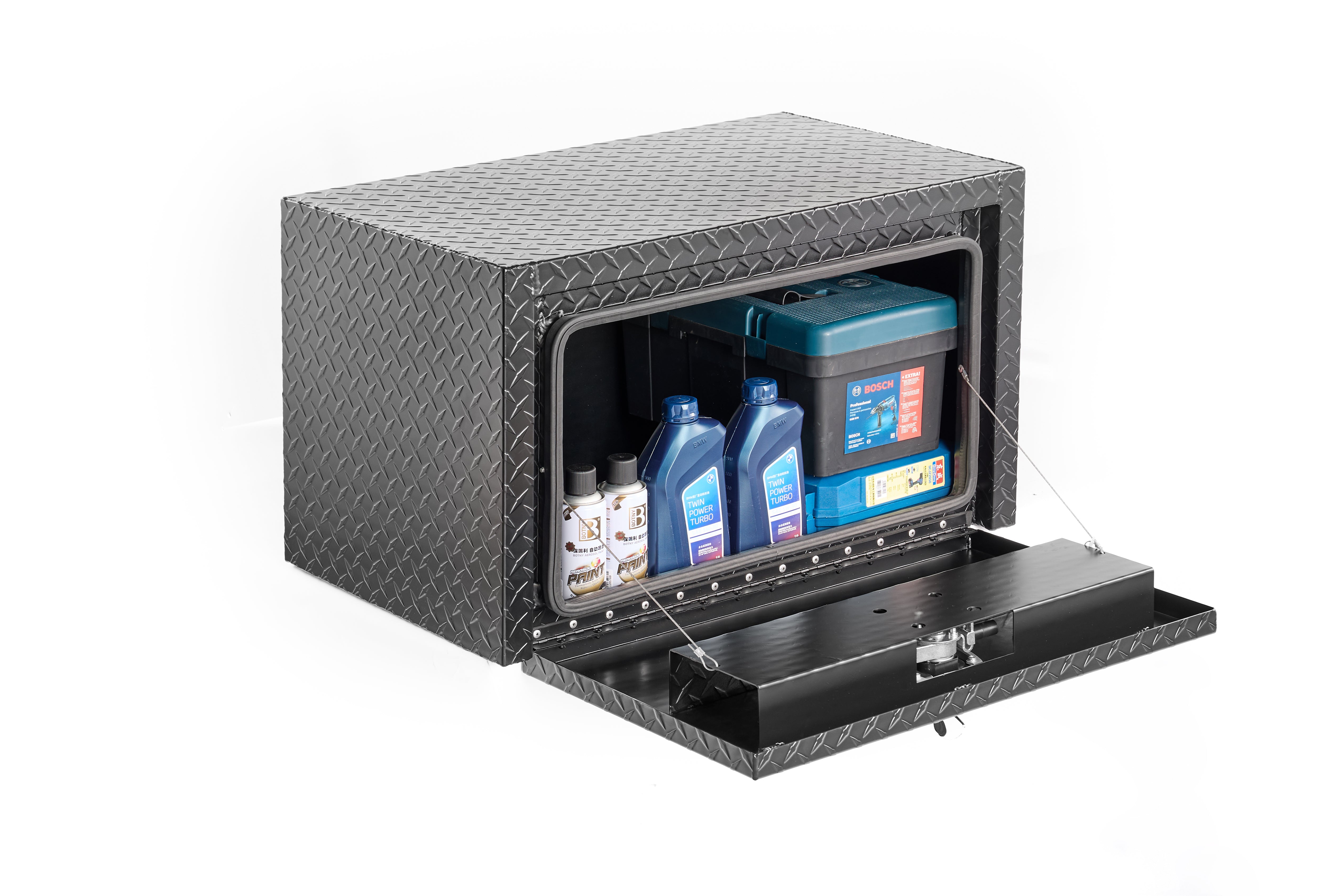 30" Aluminum Underbody Truck Tool Box — Matte Black Diamond Plate, Waterproof & Lockable