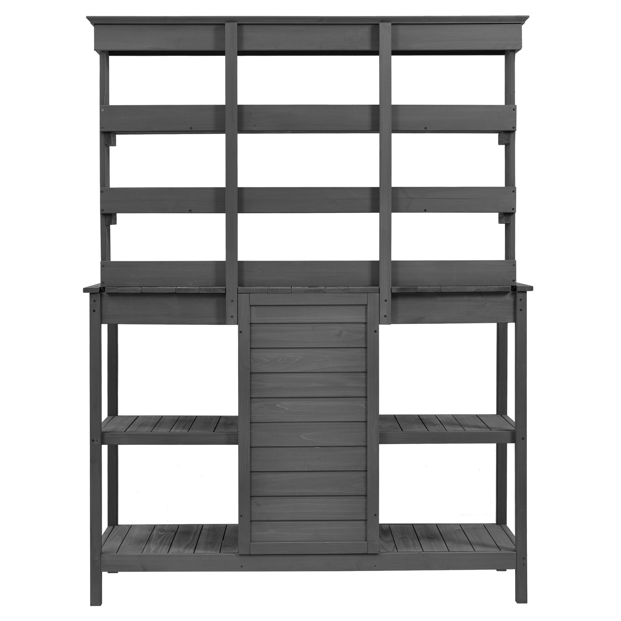 TOPMAX 66'' Large Outdoor Farmhouse Wooden Potting Bench Table, Garden Workstation with 2 Drawers,Cabinet and Open Shelves for Backyard, Mudroom, Gray