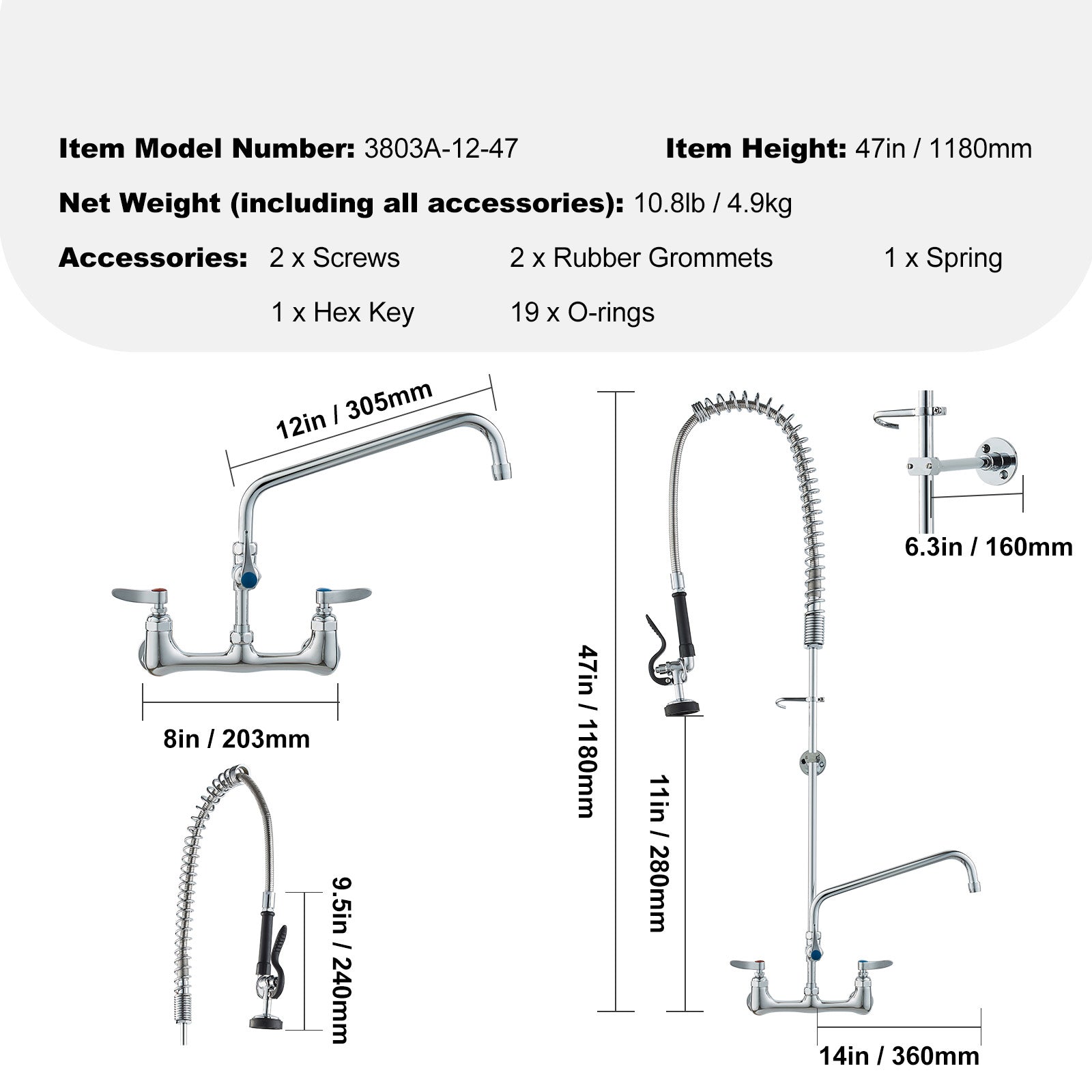 Commercial Faucet with Pre-Rinse Sprayer, 47" Height, 8" Center, 12" Swing Spout, Wall Mount Kitchen Sink Faucet, Brass Constructed Device with Pull Down Spray, for 1/2/3 Compartment Sink
