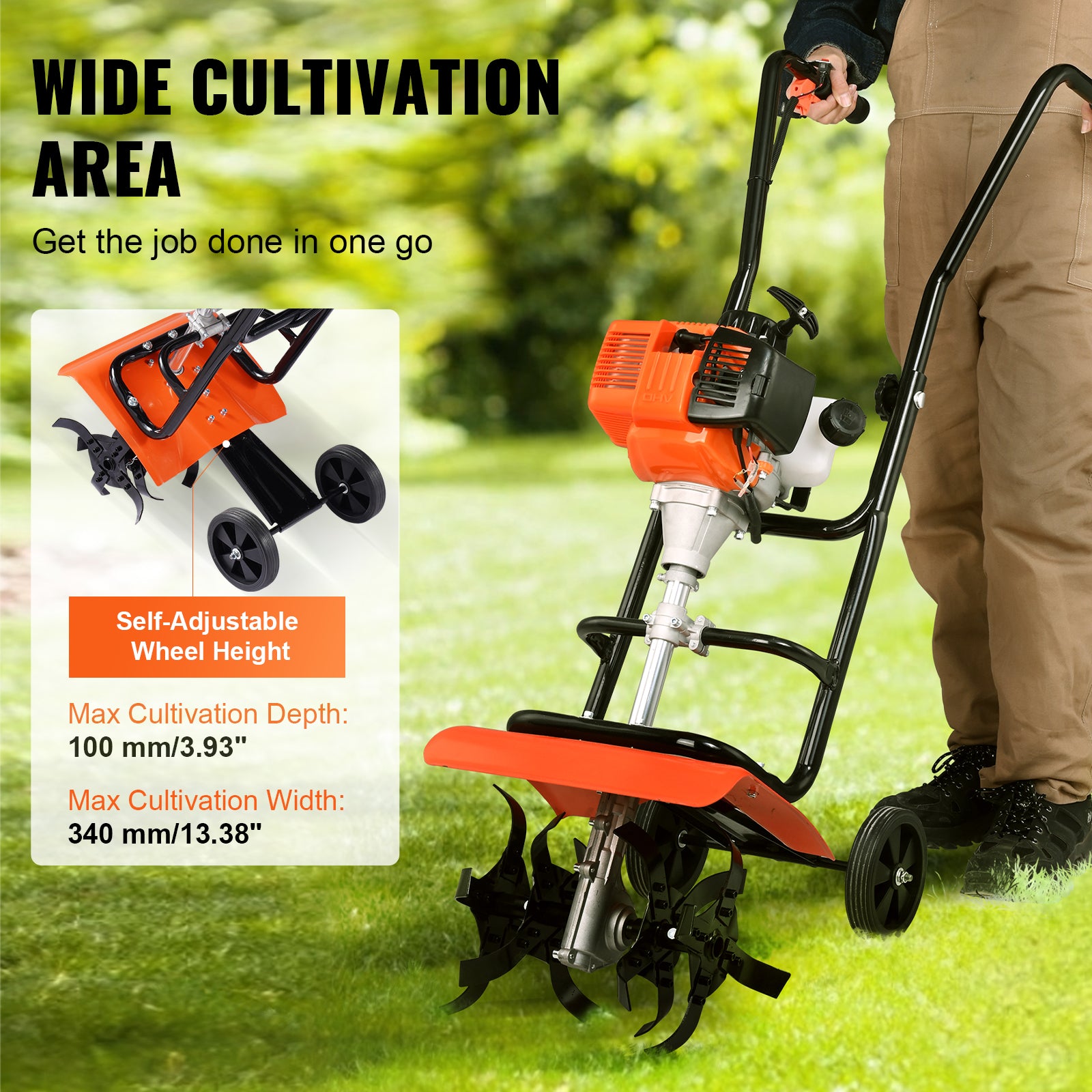 Tiller Cultivator, 31CC 4-Stroke Garden Cultivator, Tiller with 4 Steel Adjustable Front Tines for Lawn, Garden and Field Cultivation