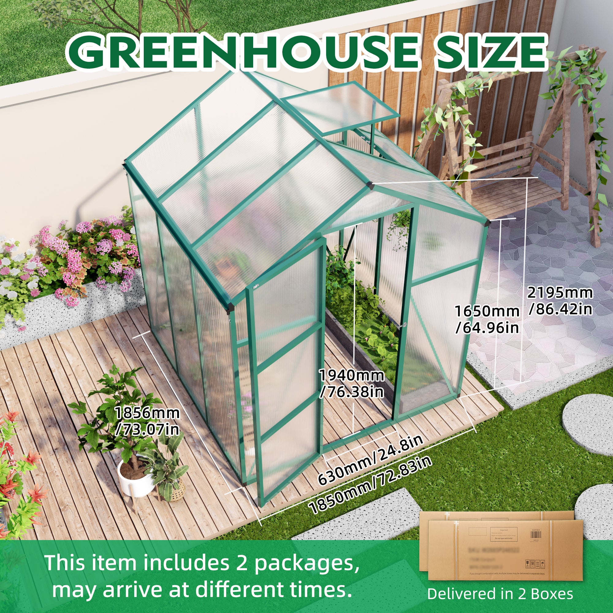 6ft x 6ft Heavy‑Duty Aluminum Walk‑In Greenhouse — Wind‑Resistant Polycarbonate Panels with Raised Base & Drainage System Green