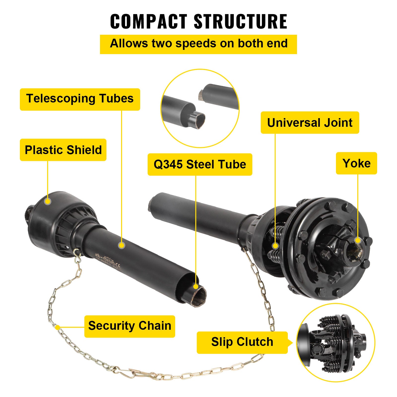 PTO Shaft, 1-3/8" PTO Drive Shaft, 6 Spline Both Ends PTO Driveline Shaft, Series 5 Tractor PTO Shaft, 43"-57" Brush Hog PTO Shaft, Black PTO Shaft w/Slip Clutch for Bush Hog/Finish Mower