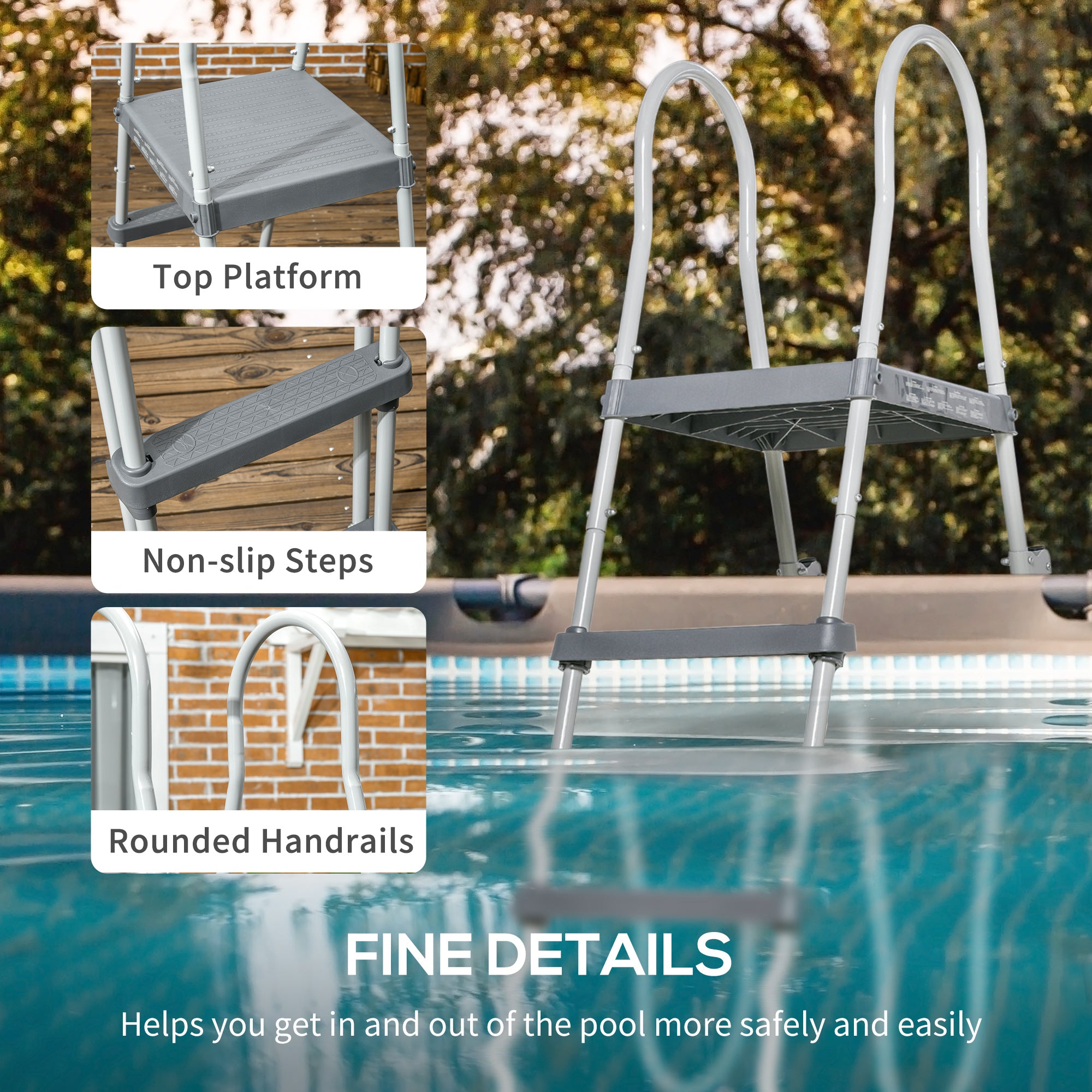 Outsunny 70" A‑Frame Above Ground Pool Ladder — Non‑Slip Steps, Child Lock, 330 lb Capacity, Gray