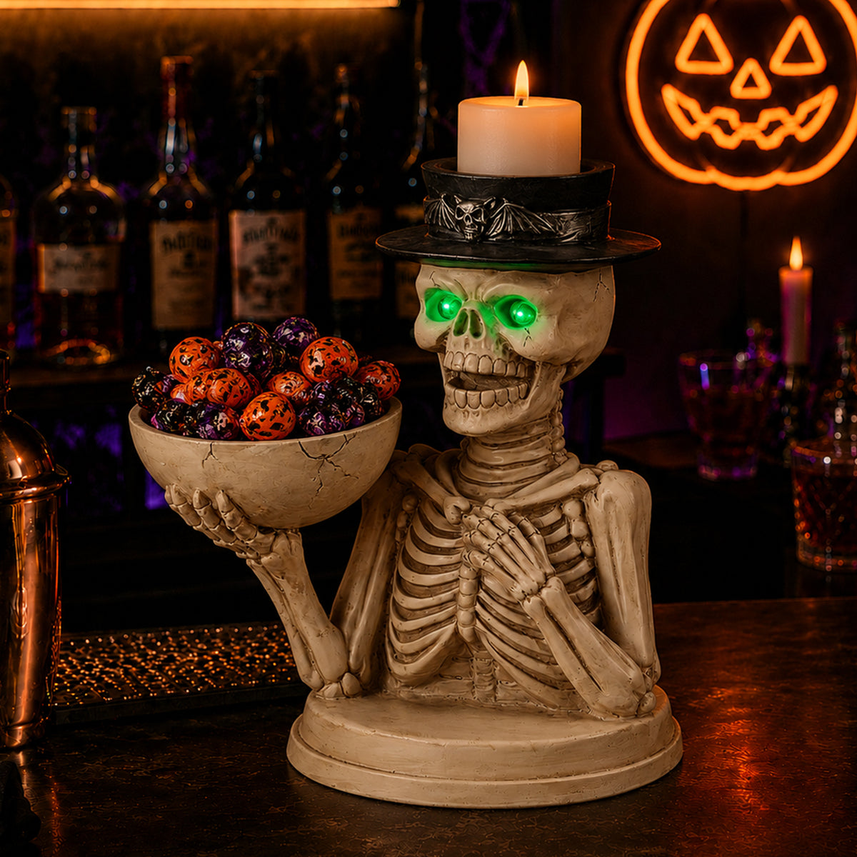 Halloween Skeleton Figurine with LED Eyes, Bowl & Candle Holder