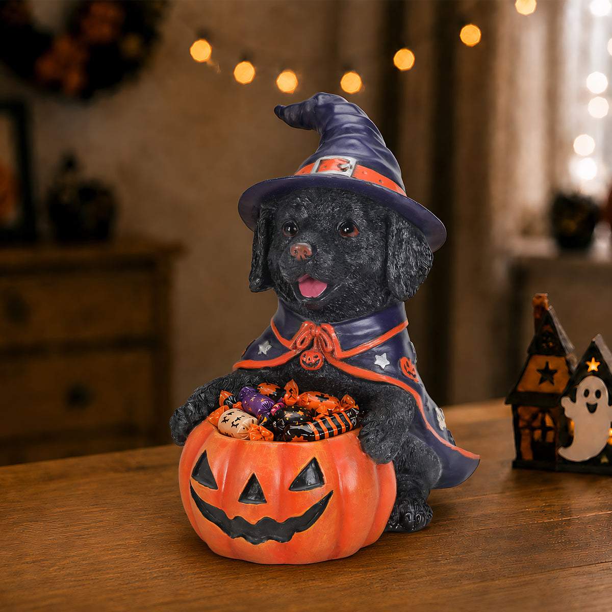 Halloween Labrador Witch Figurine with Pumpkin Candy Bowl, 12.6 in